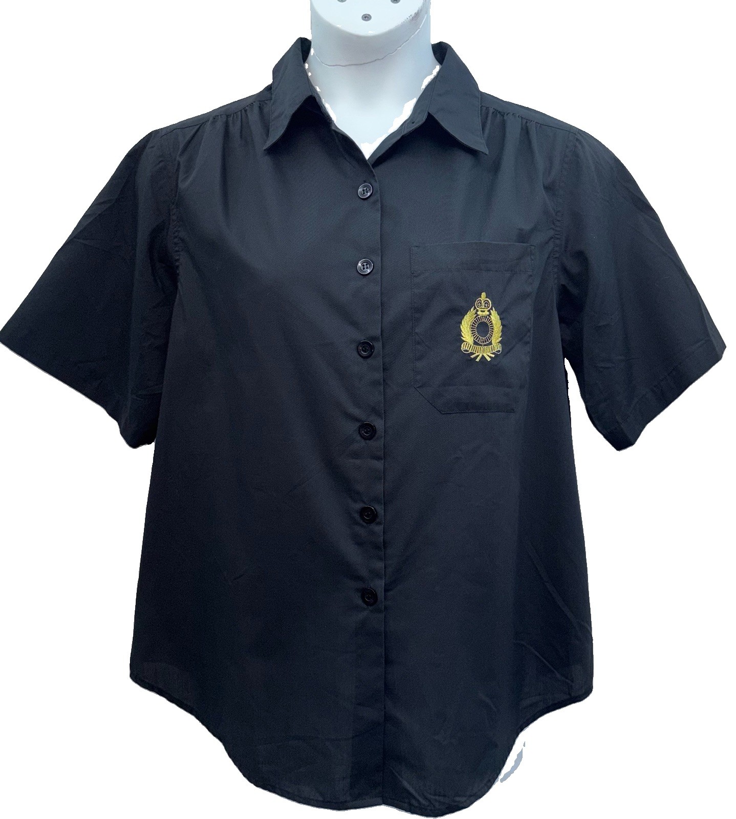 VTG Bridge Gate Women Size A8 Button Up Short Sleeve Top Black Embroidered Logo