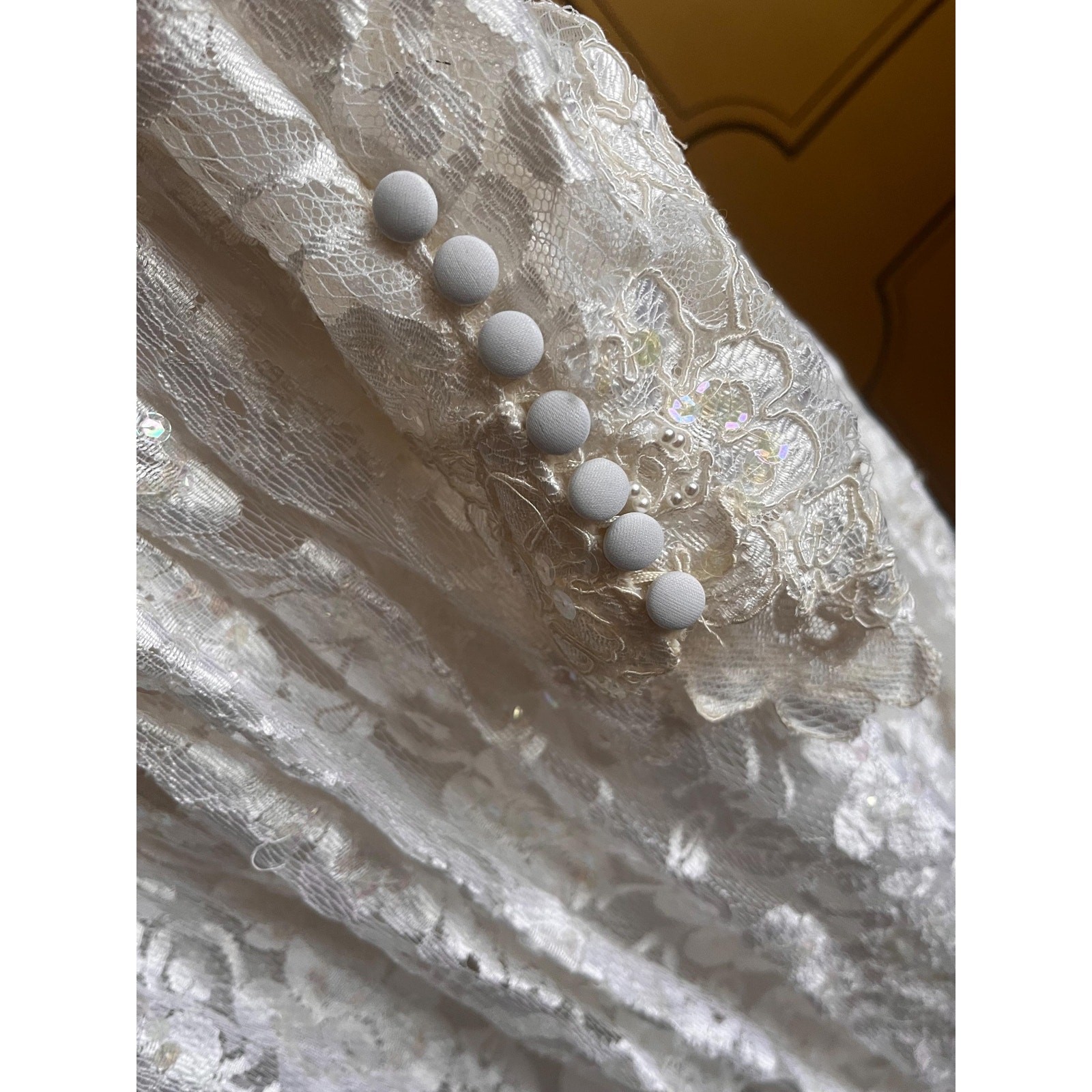 Vintage wedding gown with lace, beads, sequins and train