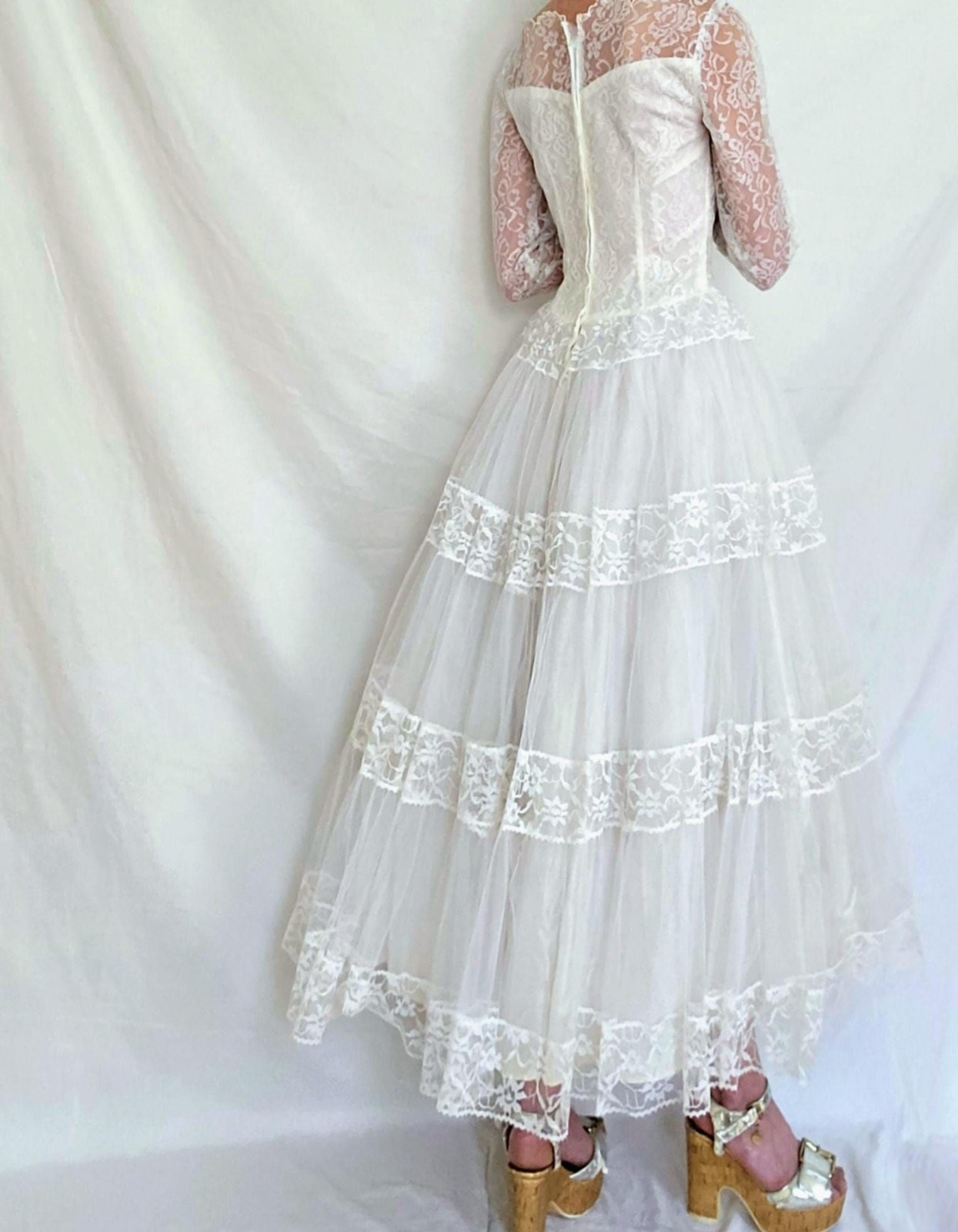 1950s Tea Length Wedding Dress: Vintage Tulle and Lace Bridal Gown, S