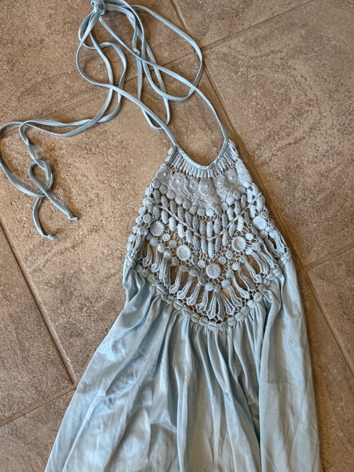 Vintage 70s Sears Crochet Halter Maxi Dress Blue Open Back Boho USA Medium