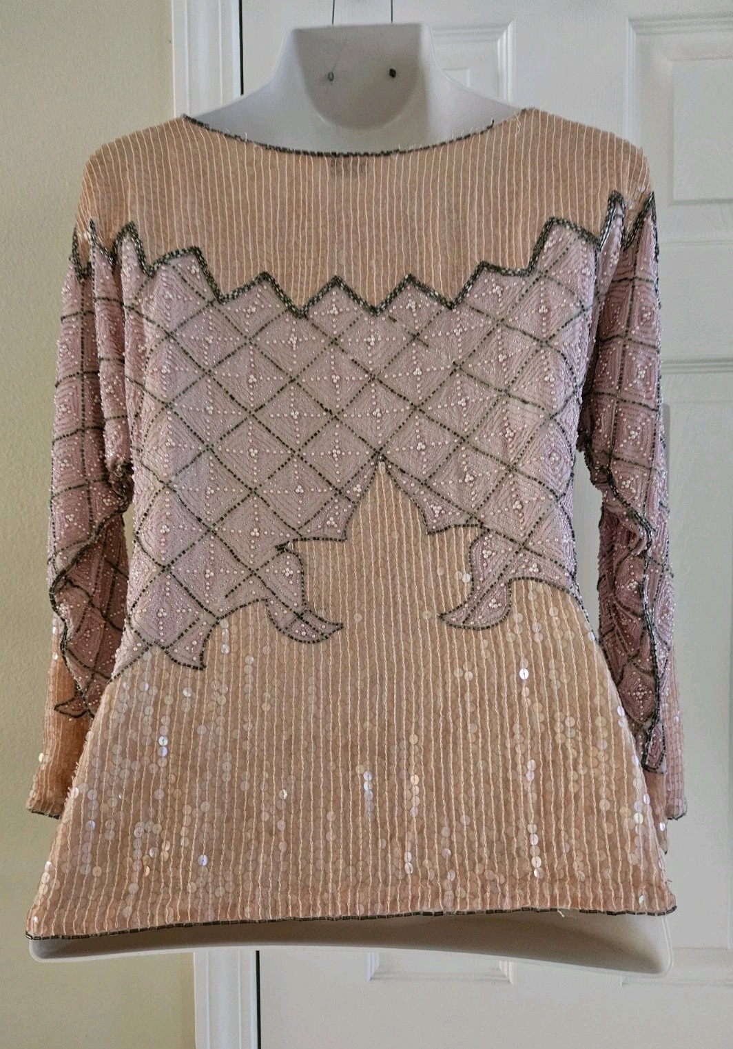 Unbranded Vintage 80s Beaded Sequin 100% Silk Formal Top Blouse Salmon Pink M