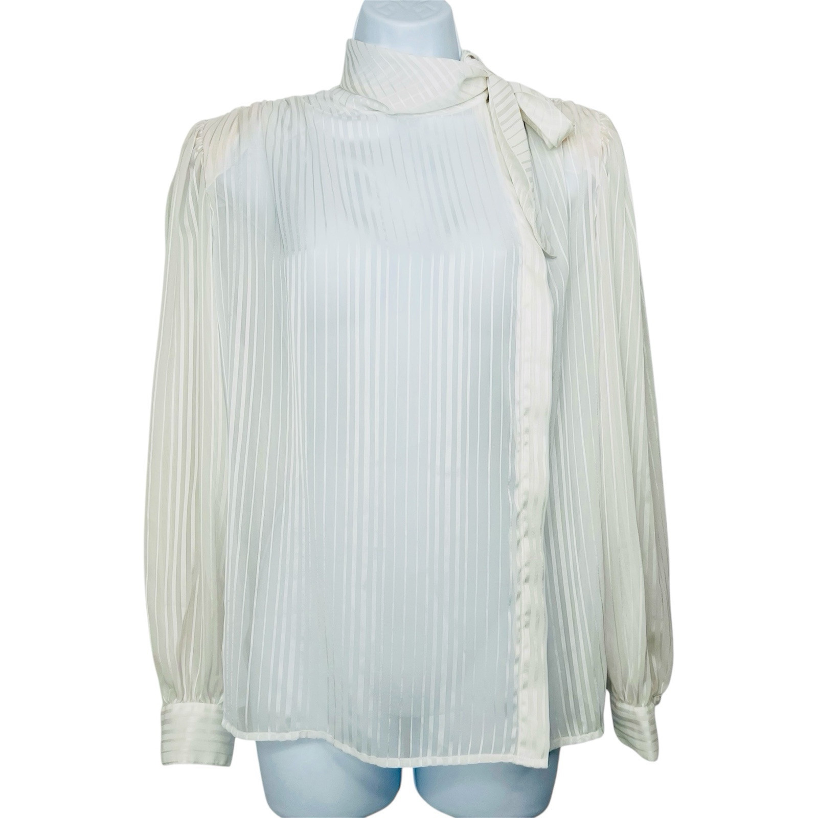 80&rsquo;s Lloyd William Side Button Down Blouse 10 Victorian Boho Secretary White Bow