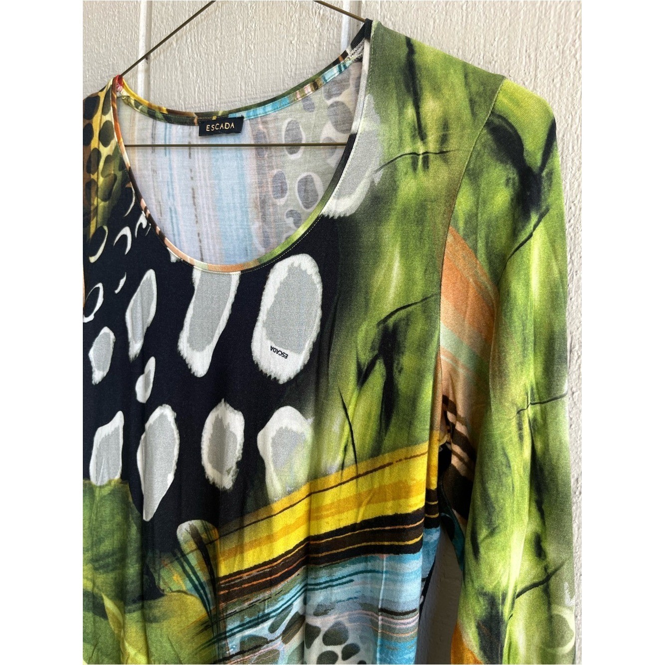 Escada Vintage Abstract Print 3/4 Sleeve Stretch Jersey Top