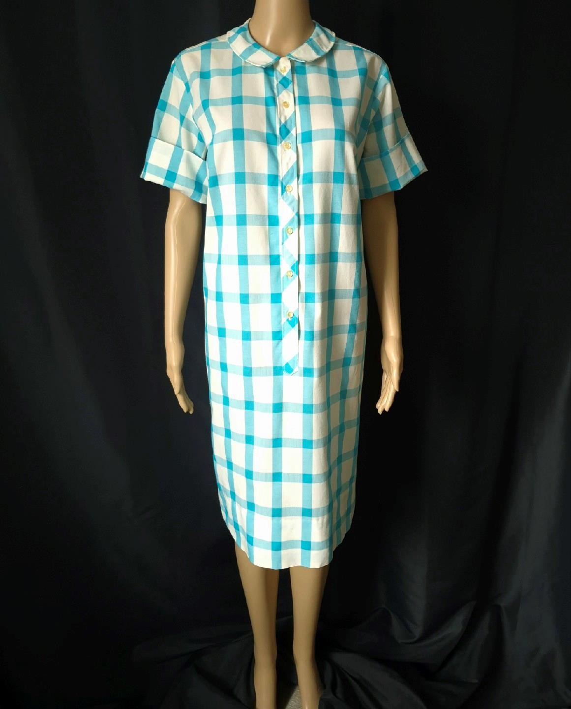 BLUE & WHITE WINDOWPANE 1960s Vintage Shift HOUSE DRESS – 40 inch waist