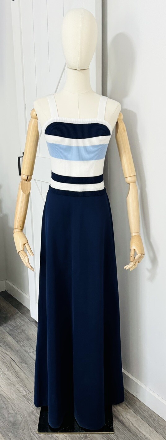 Vintage 70s Roncelli Size 9/10 Navy Blue White Fit & Flare Maxi Dress Mod Retro