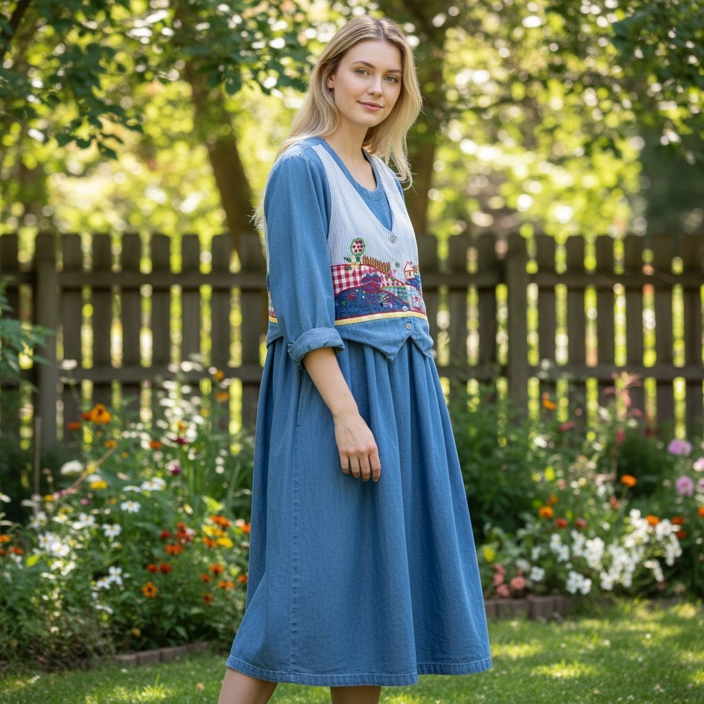 VTG Friday Wear Denim Midi Dress L?Cottagecore Patchwork Houses Teacher