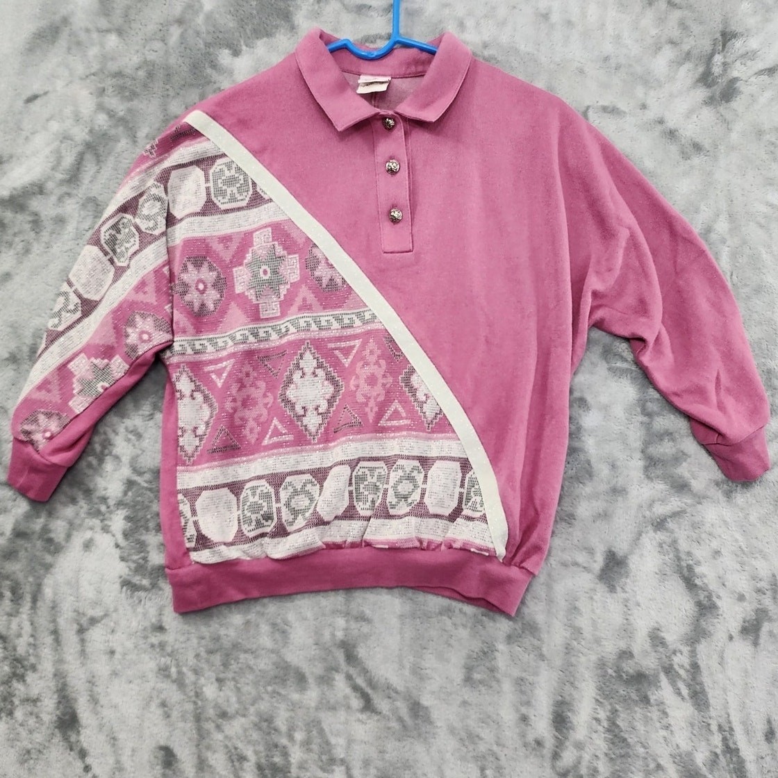 Vintage 80s Graff Top Womens M Pink Silver Metallic 3/4 Sleeve Polo Cabincore