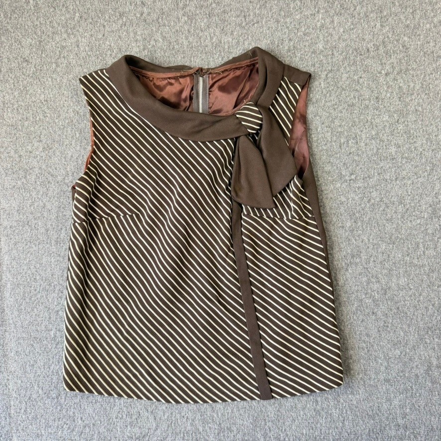 Vintage Brown Striped Sleeveless Shell Top Bow Collar Retro 60s Mod Style Size 8