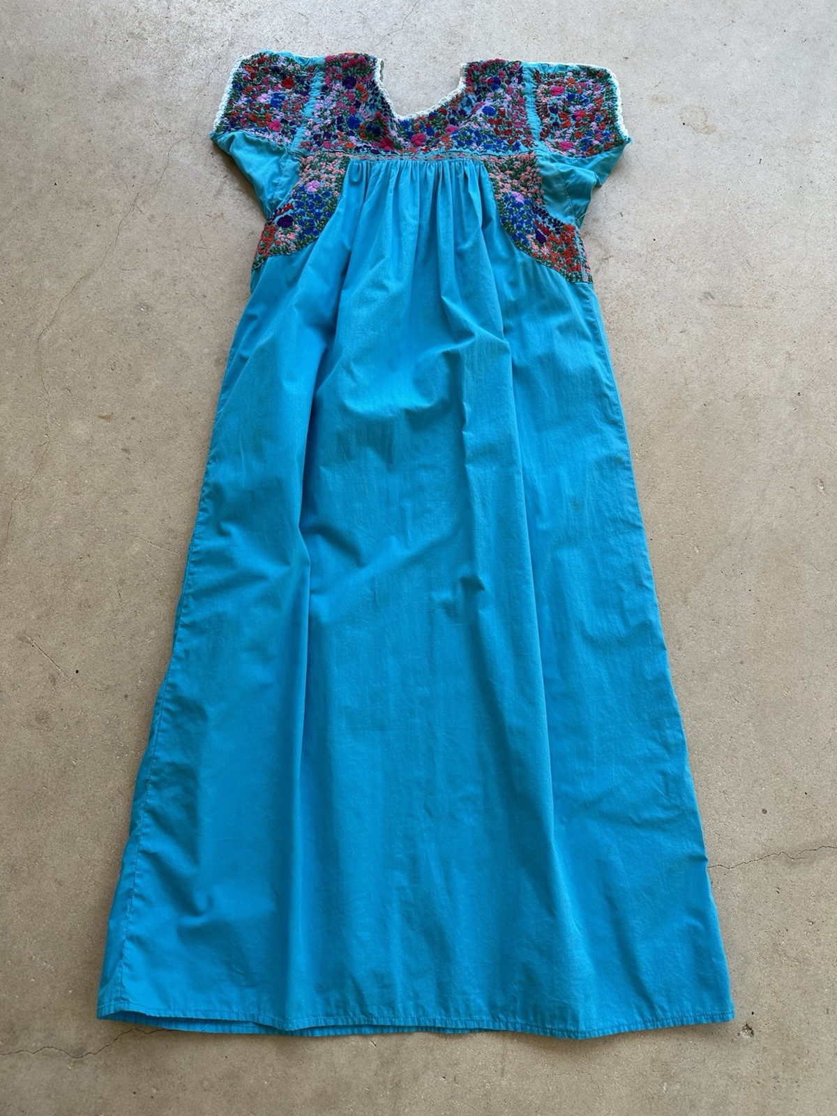 1970s Cotton Oaxacan Mexican Huipil Dress Embroidered Maxi STAINED AS IS Vintage