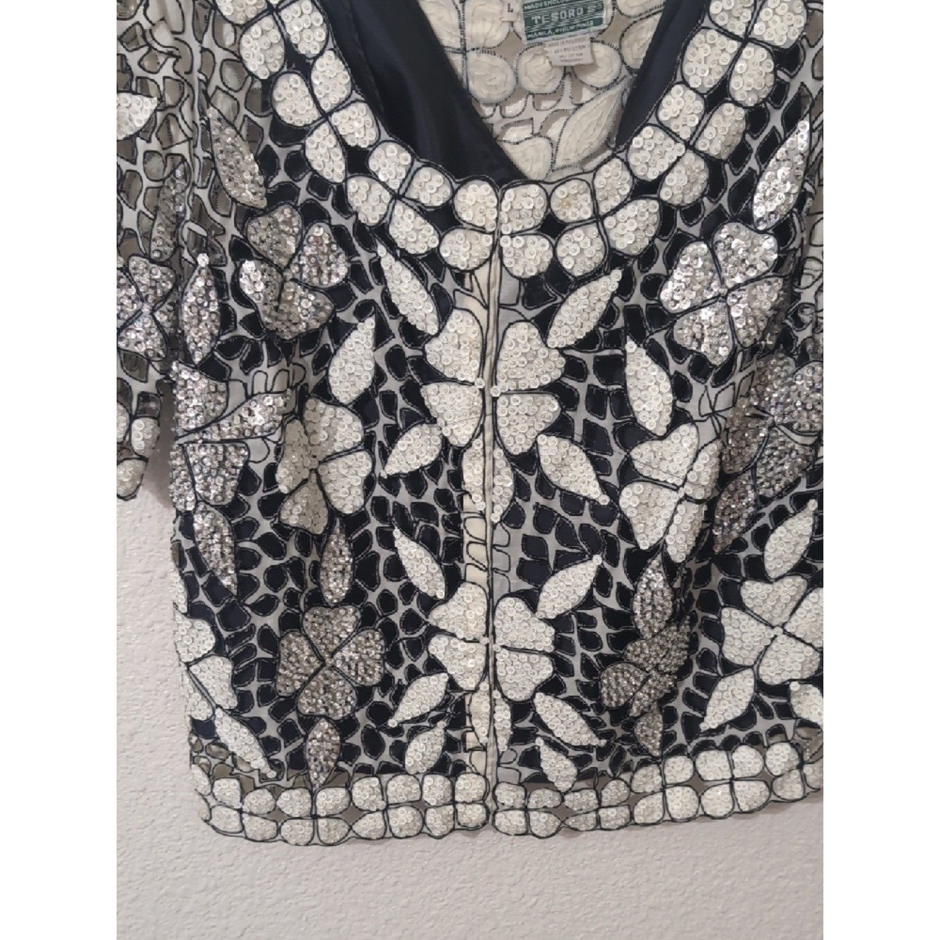 Vintage Hand Beaded Sequin Top Tesoro Manila Black White Floral Statement Blouse