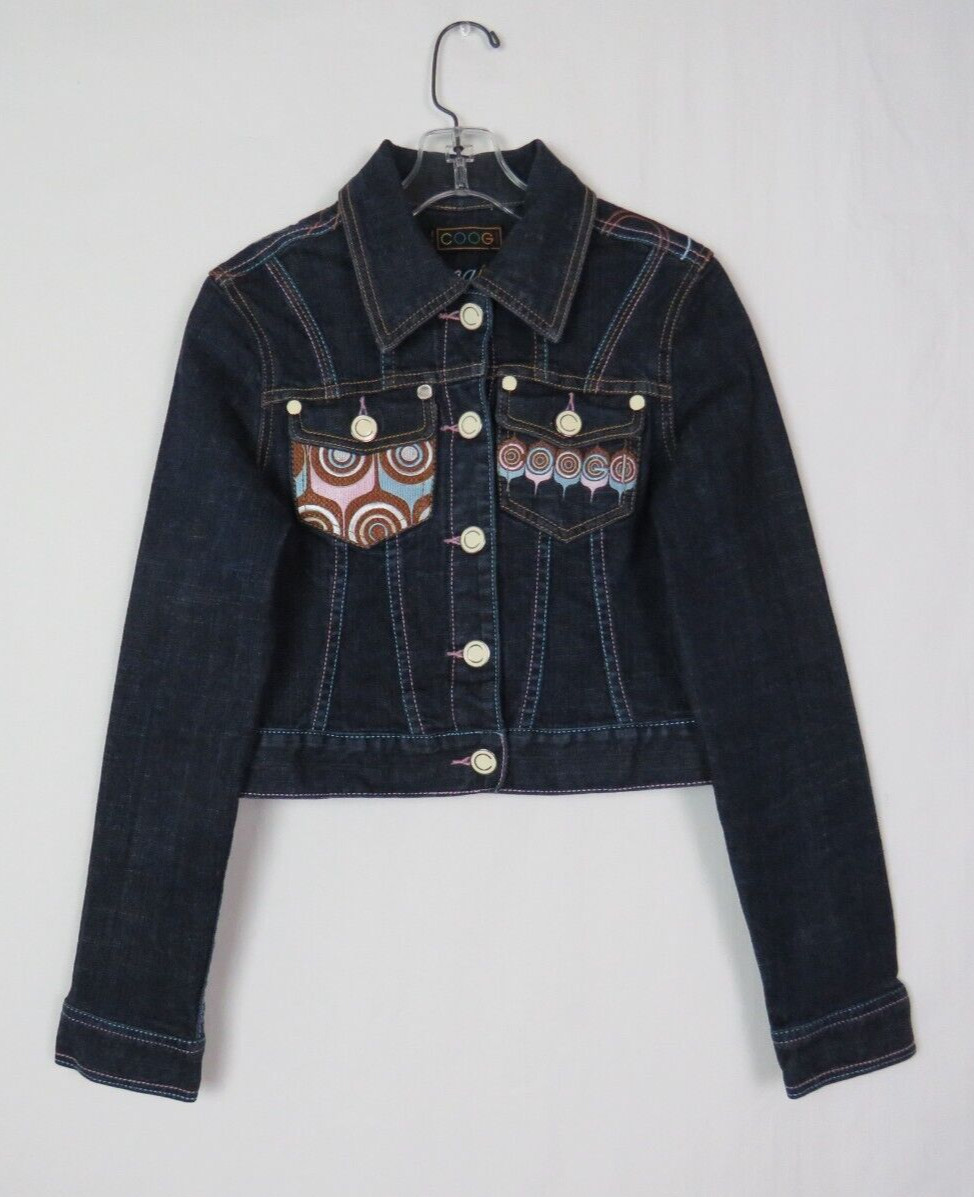 COOGI VTG 1990s 2000s BLUE STRETCH DENIM JEAN CROP JACKET EMBROIDERY ENAMEL