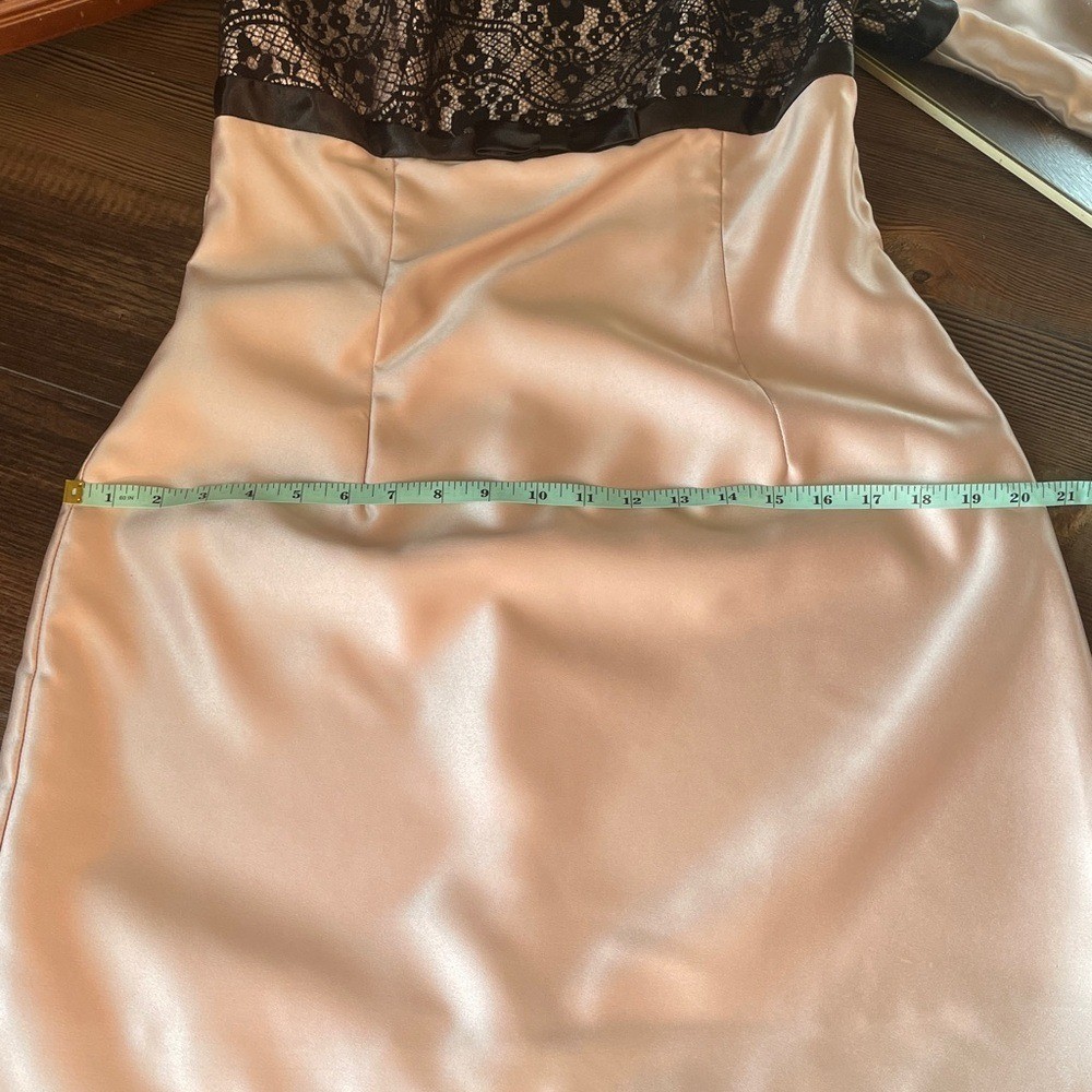 Vintage Scott McClintock Blush Satin Black Lace Strapless Midi Dress Size 12 Y2K