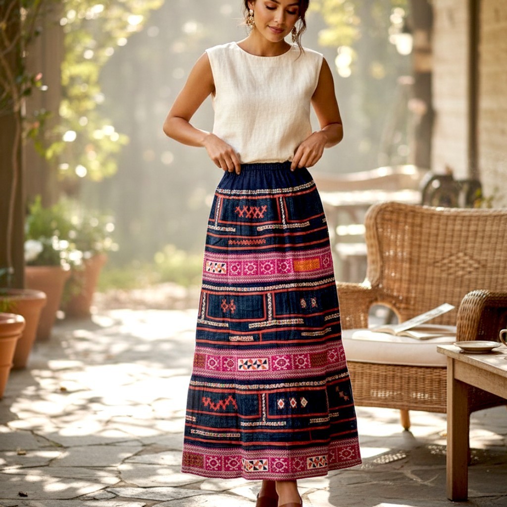 Handcrafted Vintage Embroidered & Applique Vietnamese Hills Hmong Tribal Skirt