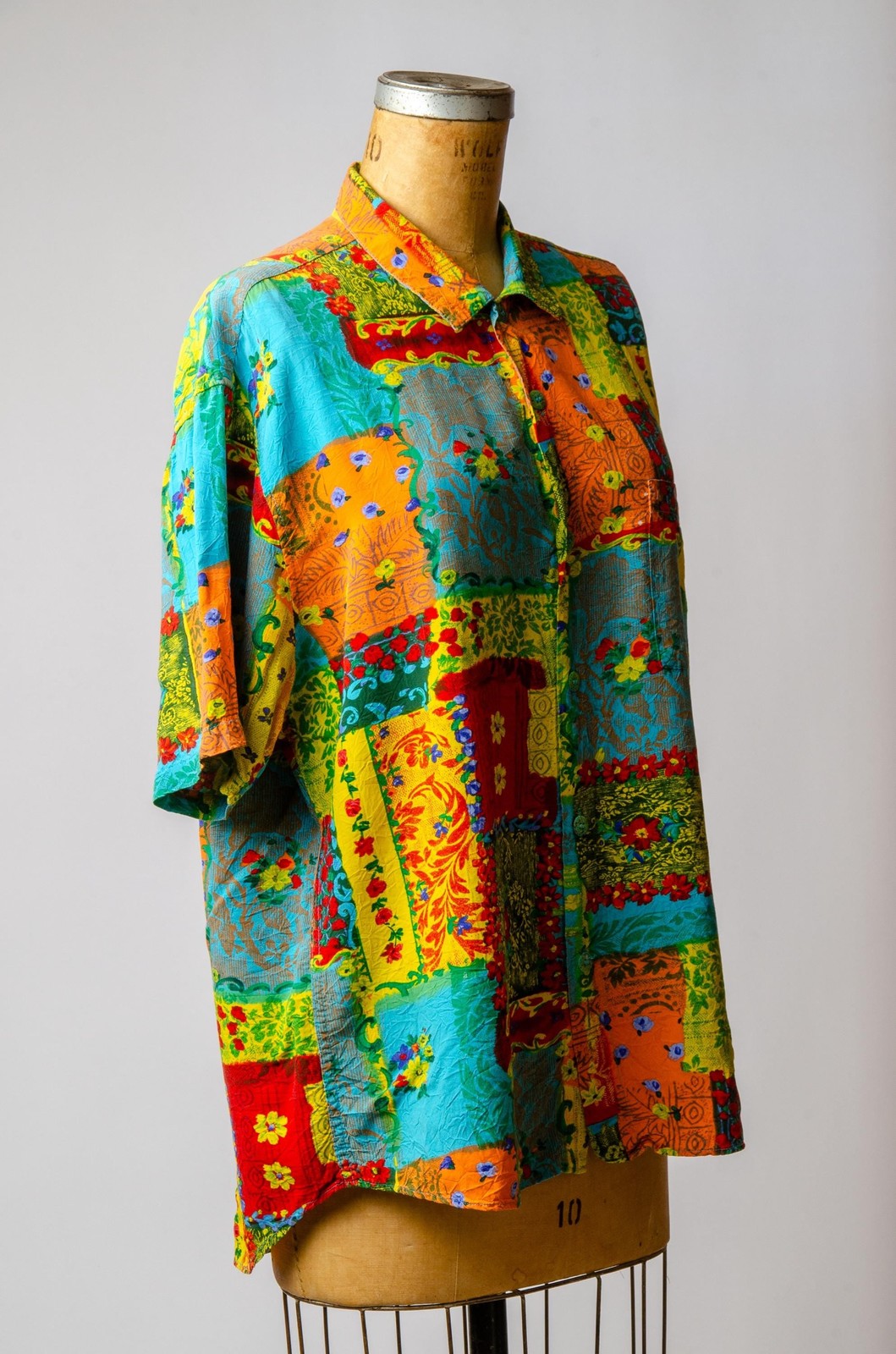 1980s Jams World Paint Brush Flowers Patchwork Rayon Button Down Shirt