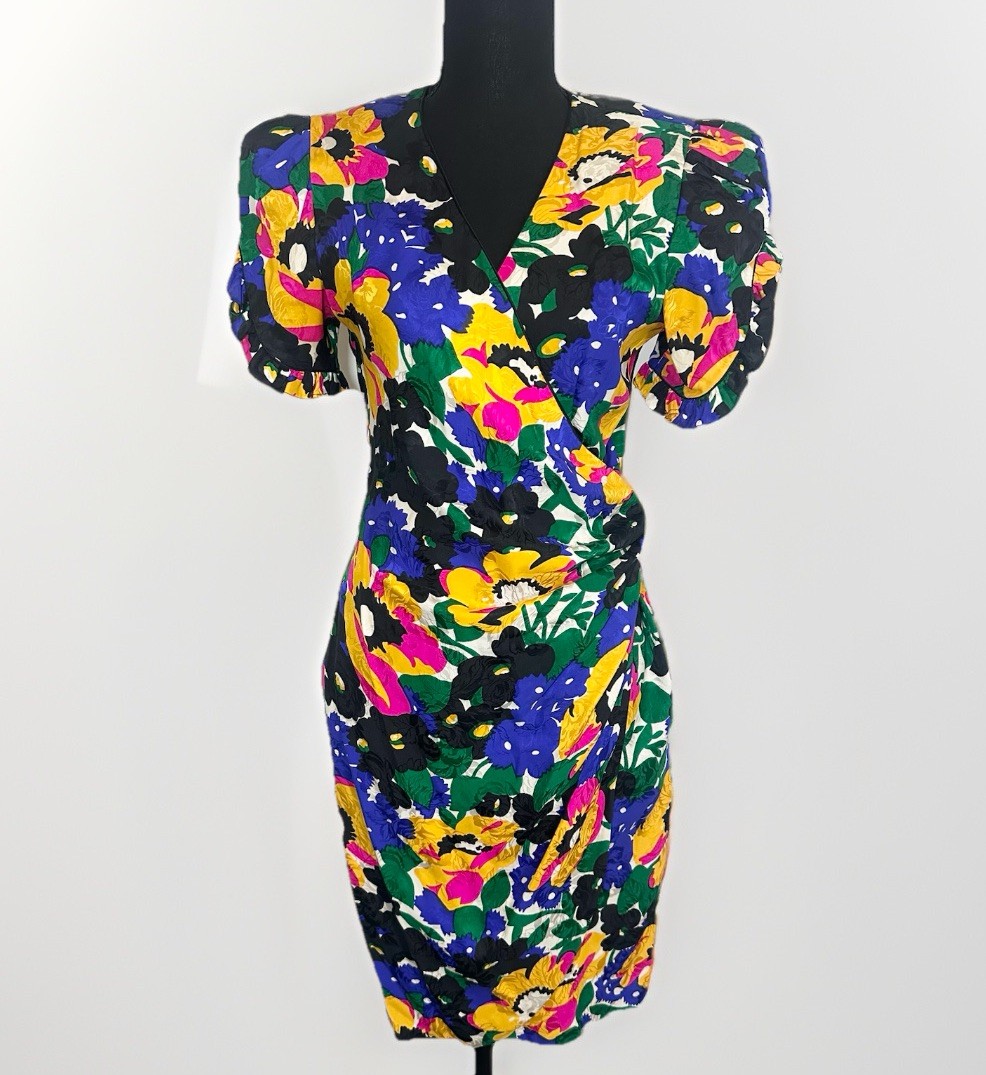VTG *RARE* 1980&rsquo;s Flora Kung 100% Silk Colorful Floral Puff Sleeve Wrap Dress 6