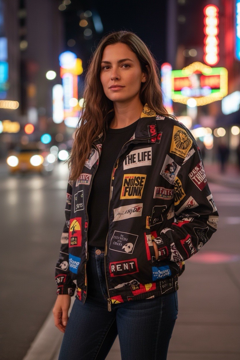 Vintage 90s FU DA Silk Bomber Jacket With Broadway Show Signs , Size Large L