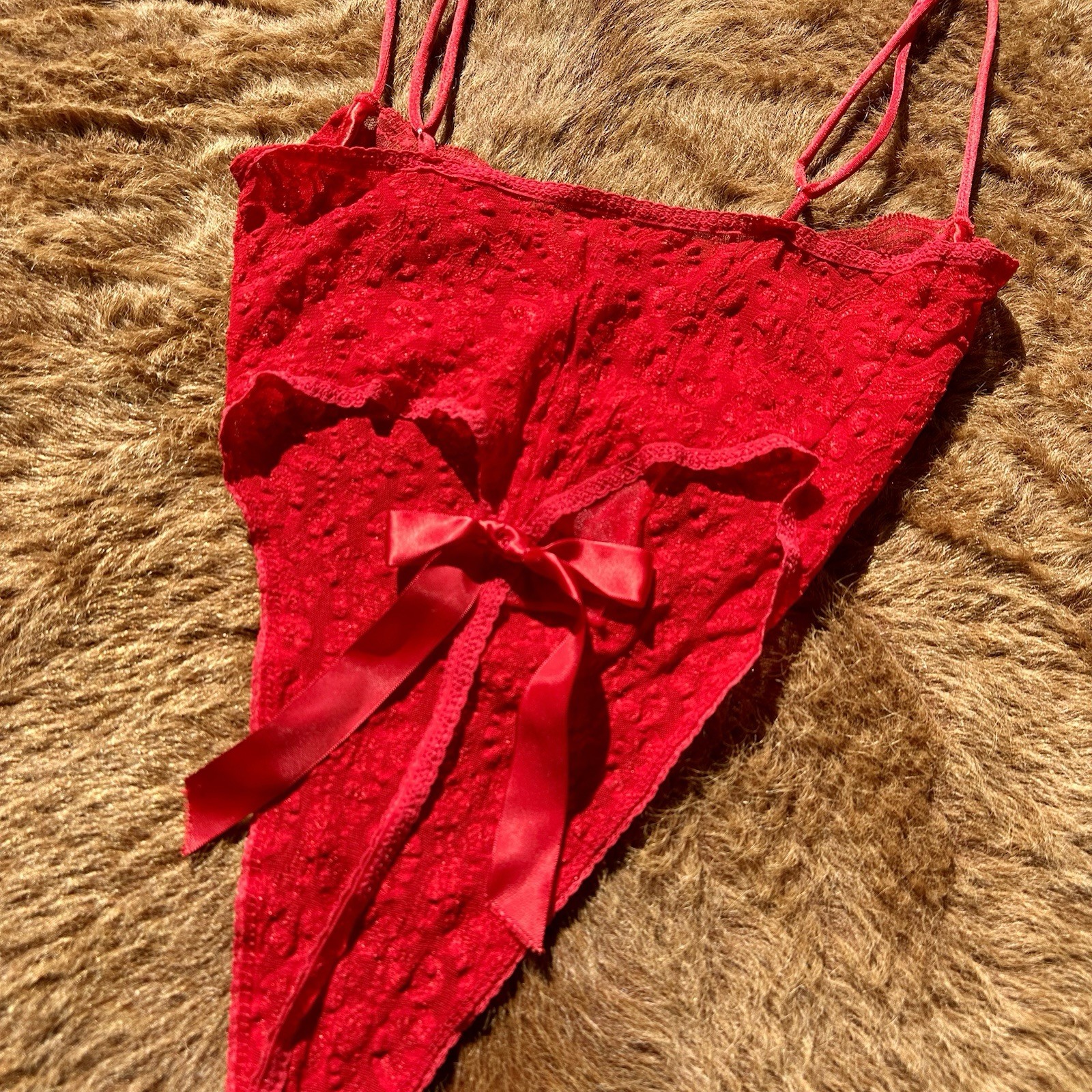 Vintage 90s Chic Red Lace Button Bow Thong Lingerie Bodysuit USA Ribbon Present