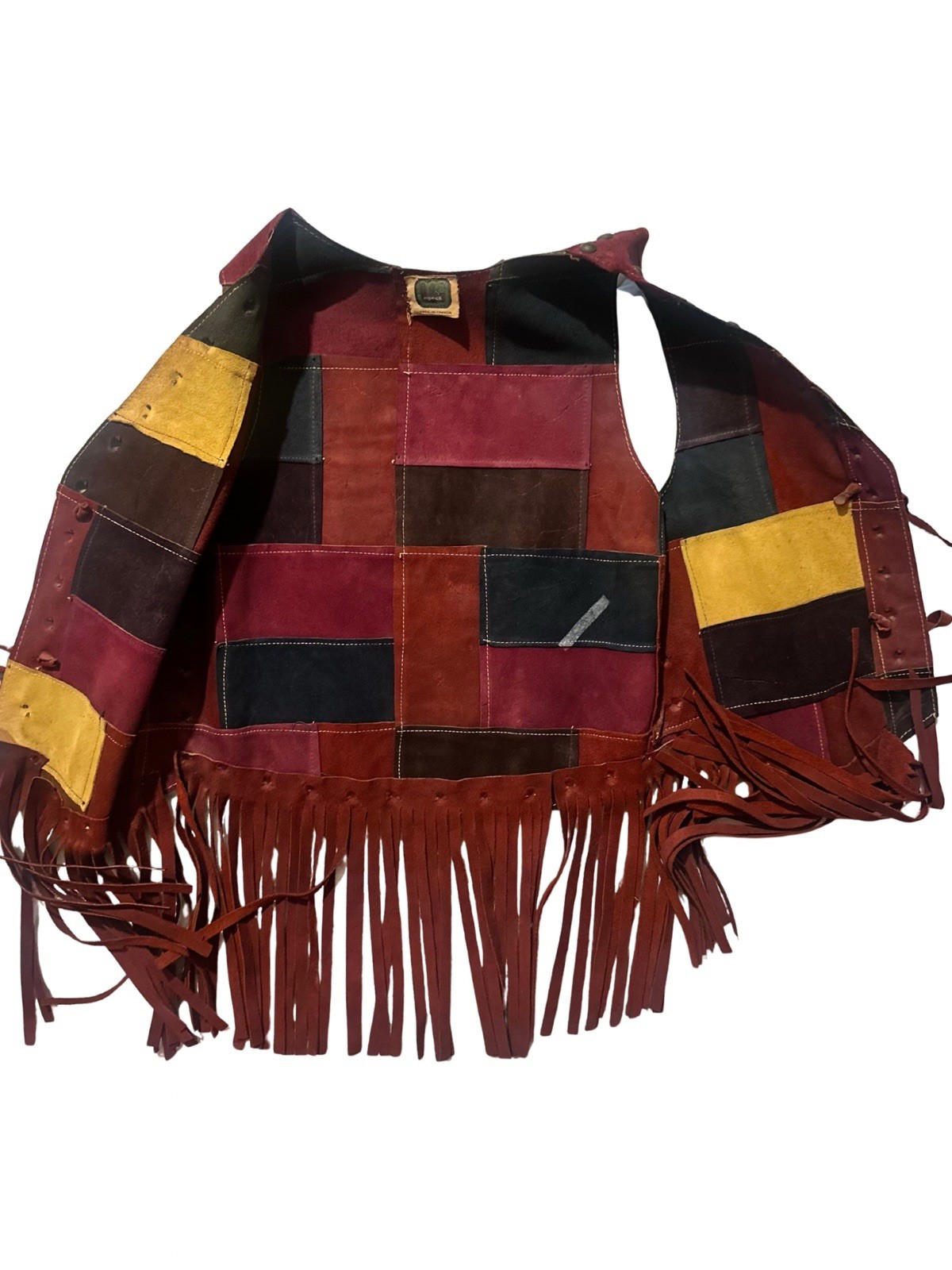 VINTAGE 1968 MONICA CANADA Suede Patchwork Fringe Vest Woodstock Hippie Rocker S