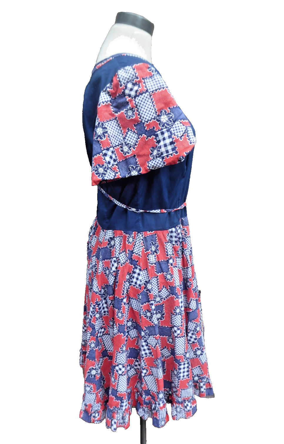 Vtg 70s Patchwork Quilt Print Dress Handmade Tulip Sleeve Patriotic Prairie Med.