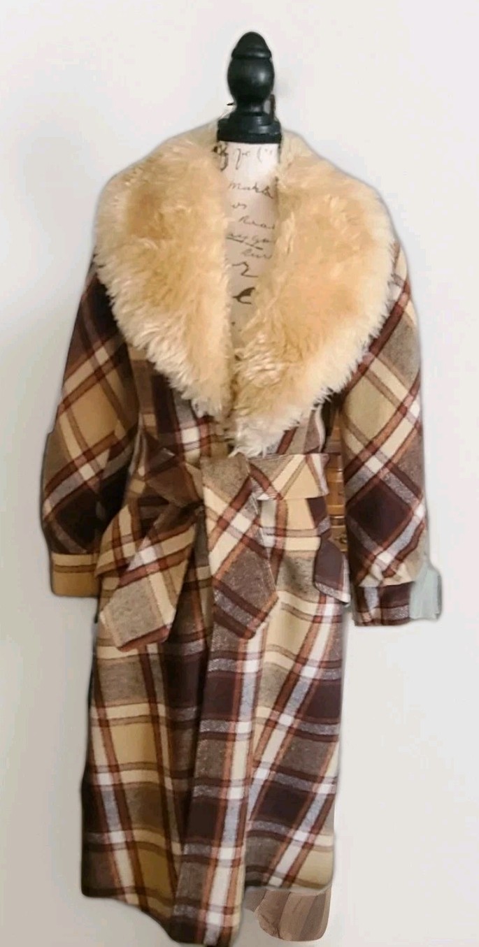 Vintage 70s Faux Fur Collored Fall Plaid Long Coat Sz 10 Gorgeous 😍 RARE FIND!