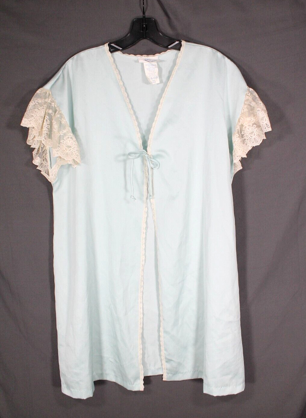 VTG UNDERCOVER WEAR Aqua RUFFLE LACE SLEEVE Tie Front DRESSING GOWN ROBE Sz L