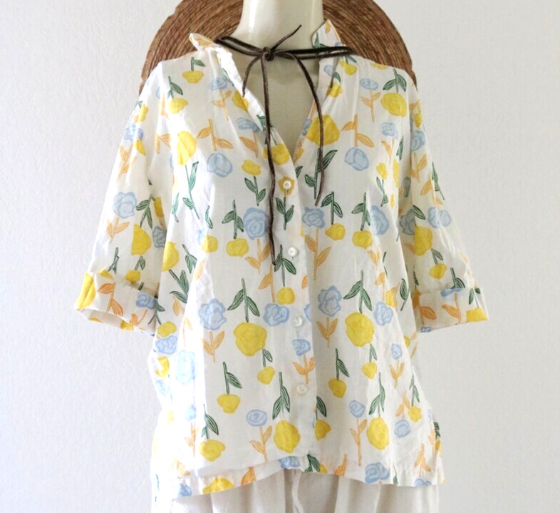 Vintage 70s M Ship ‘n Shore Floral Collar Button Short Sleeve Cotton Blouse Top