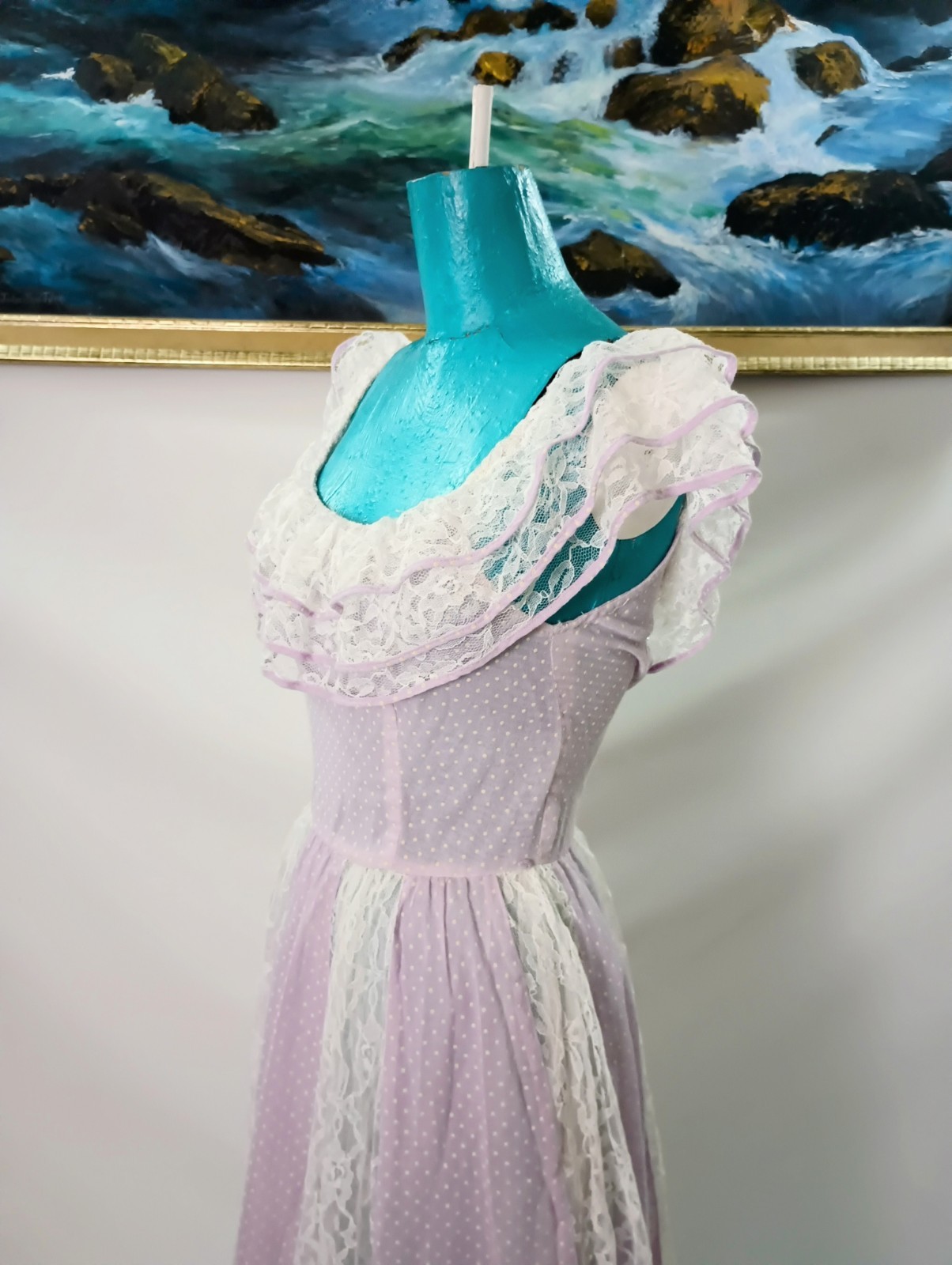 Soft Purple Lilac Cottagecore Polka Dot And Lace Vintage 1970s Dress Small XS