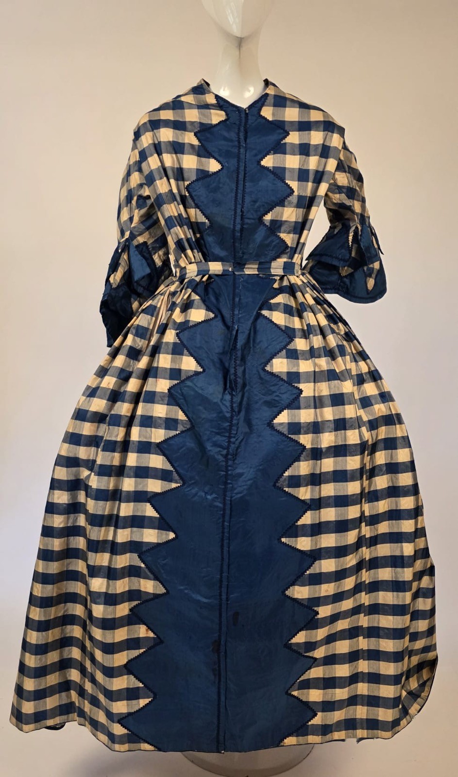 CIVIL WAR 1860’S BLUE + WHITE CHECK SILK TAFFETA DRESS W BELL PAGODA SLEEVES