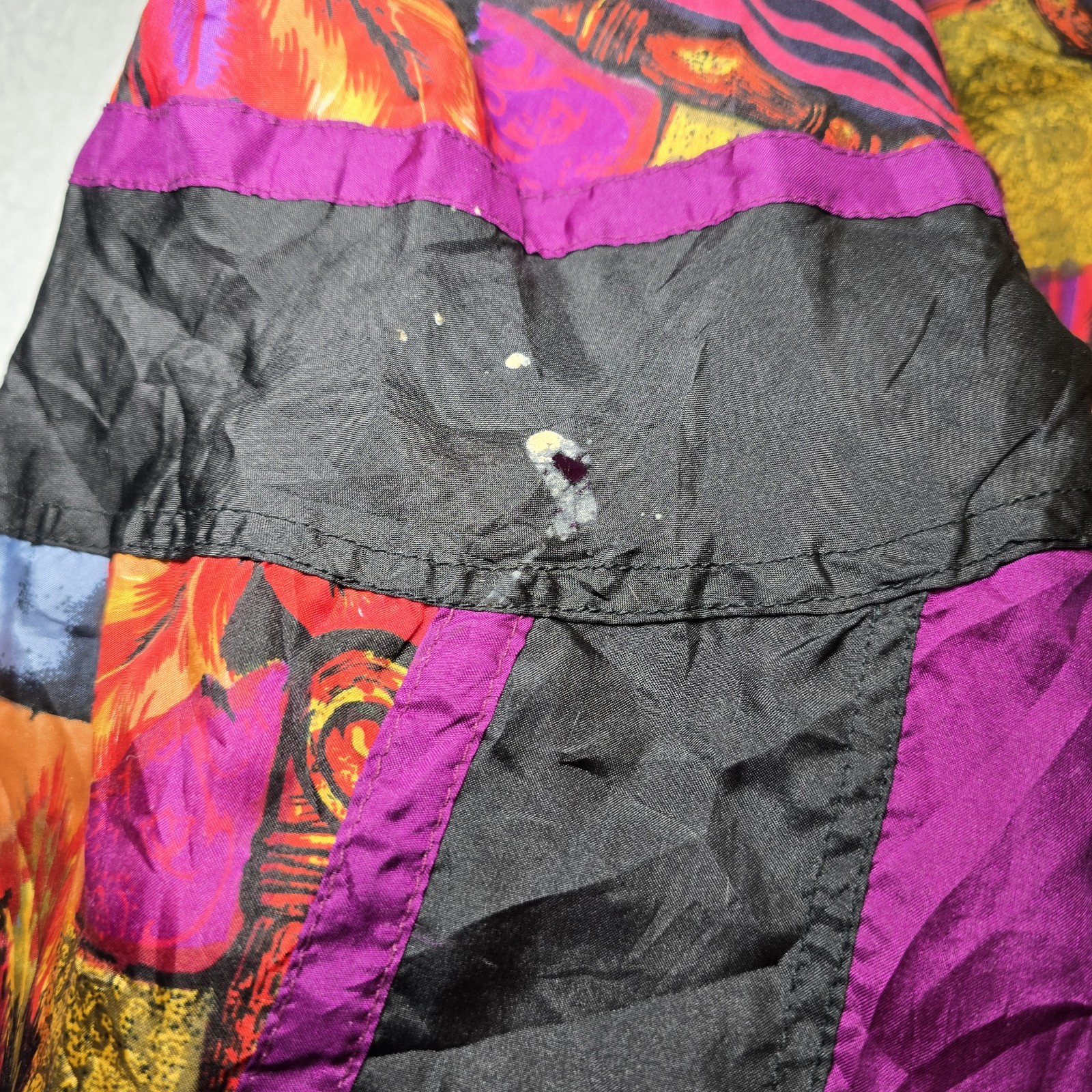 Vtg 90s Silk Bomber Jacket Abstract Geometric Distressed Thrashed Eclectic