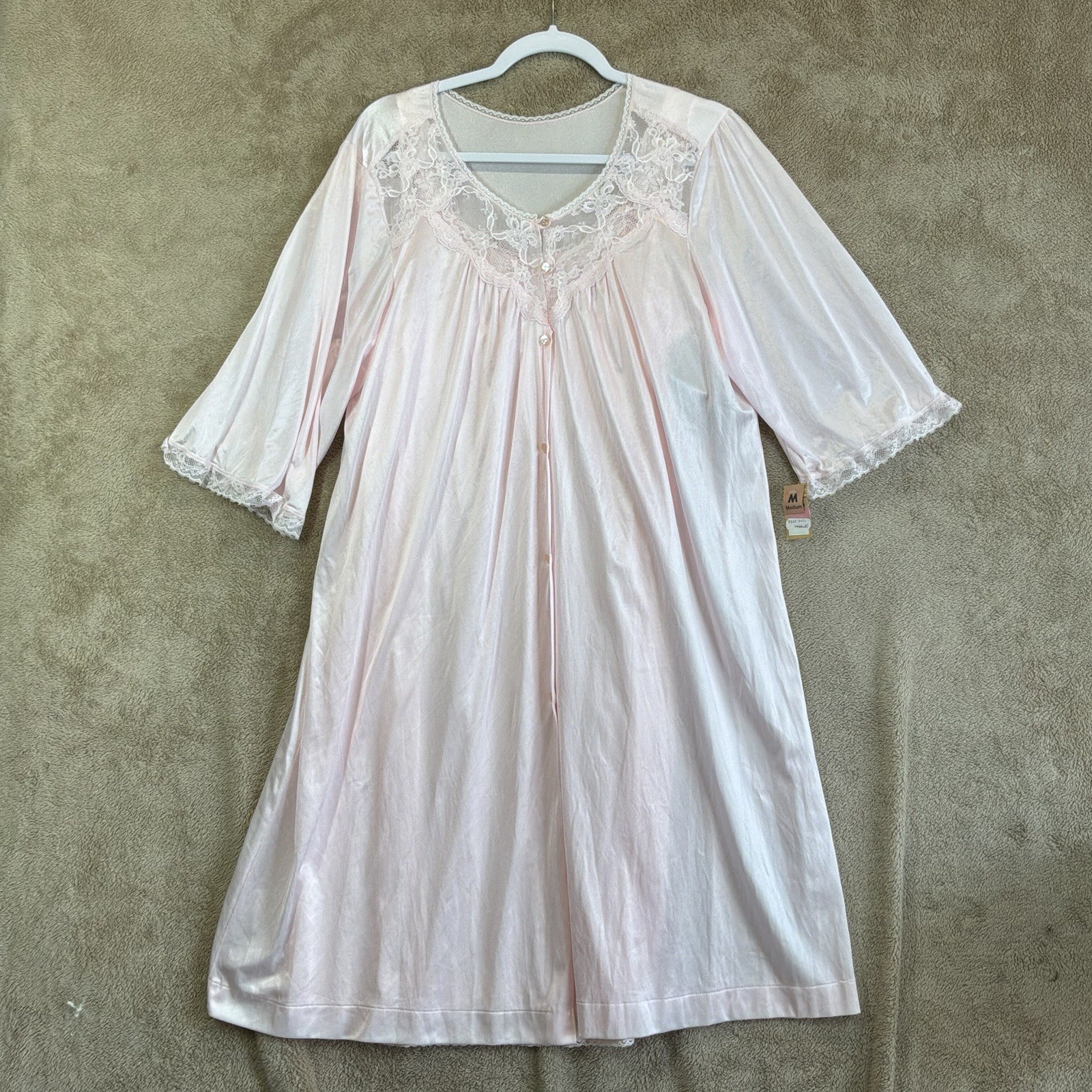 NOS Peignoir Set Sz M Pink Lace Made USA Nightgown + Robe Romantic Feminine