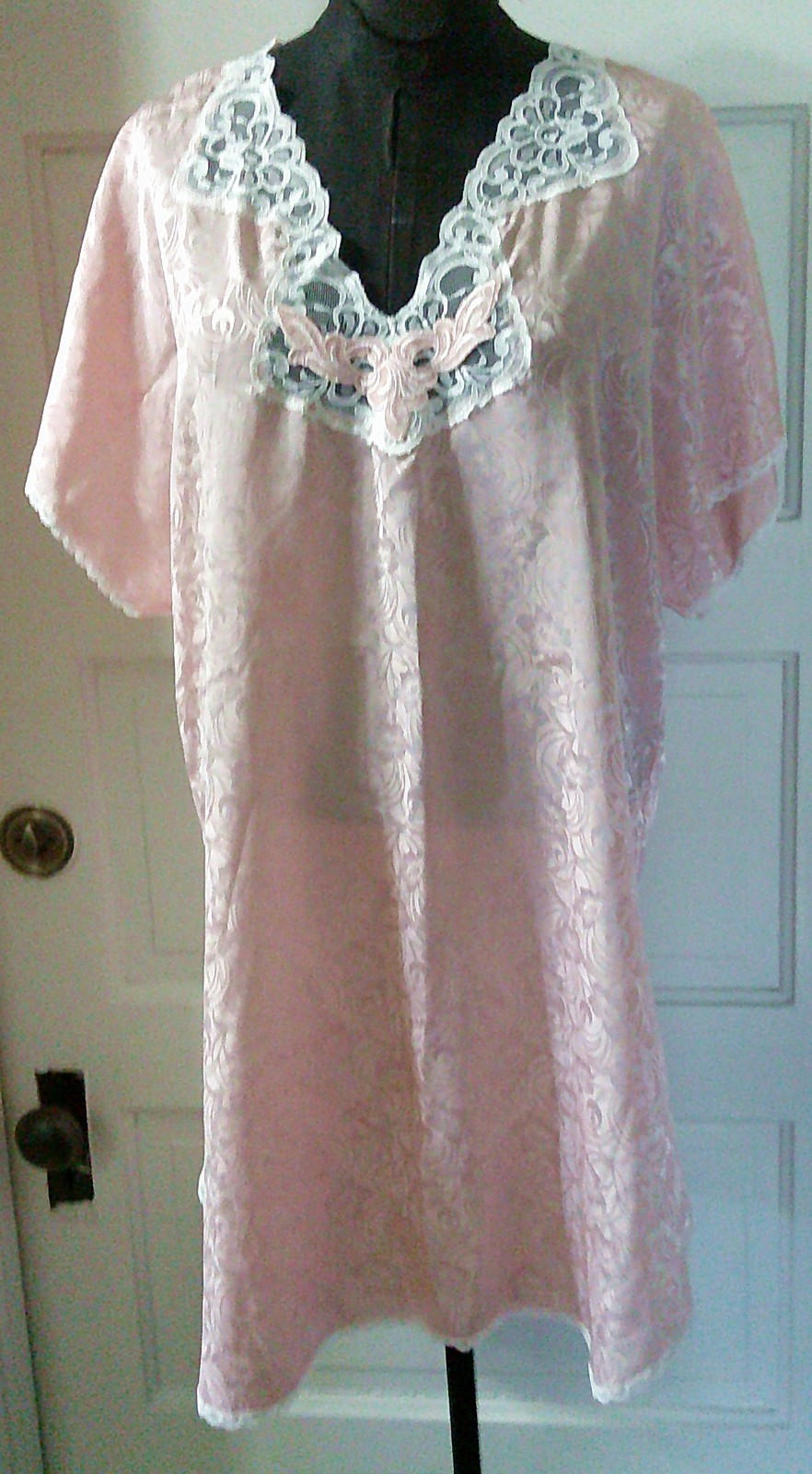 80&rsquo;s VAL MODE Light Pink Lace Accent Cap Sleeve Silky Night Gown L