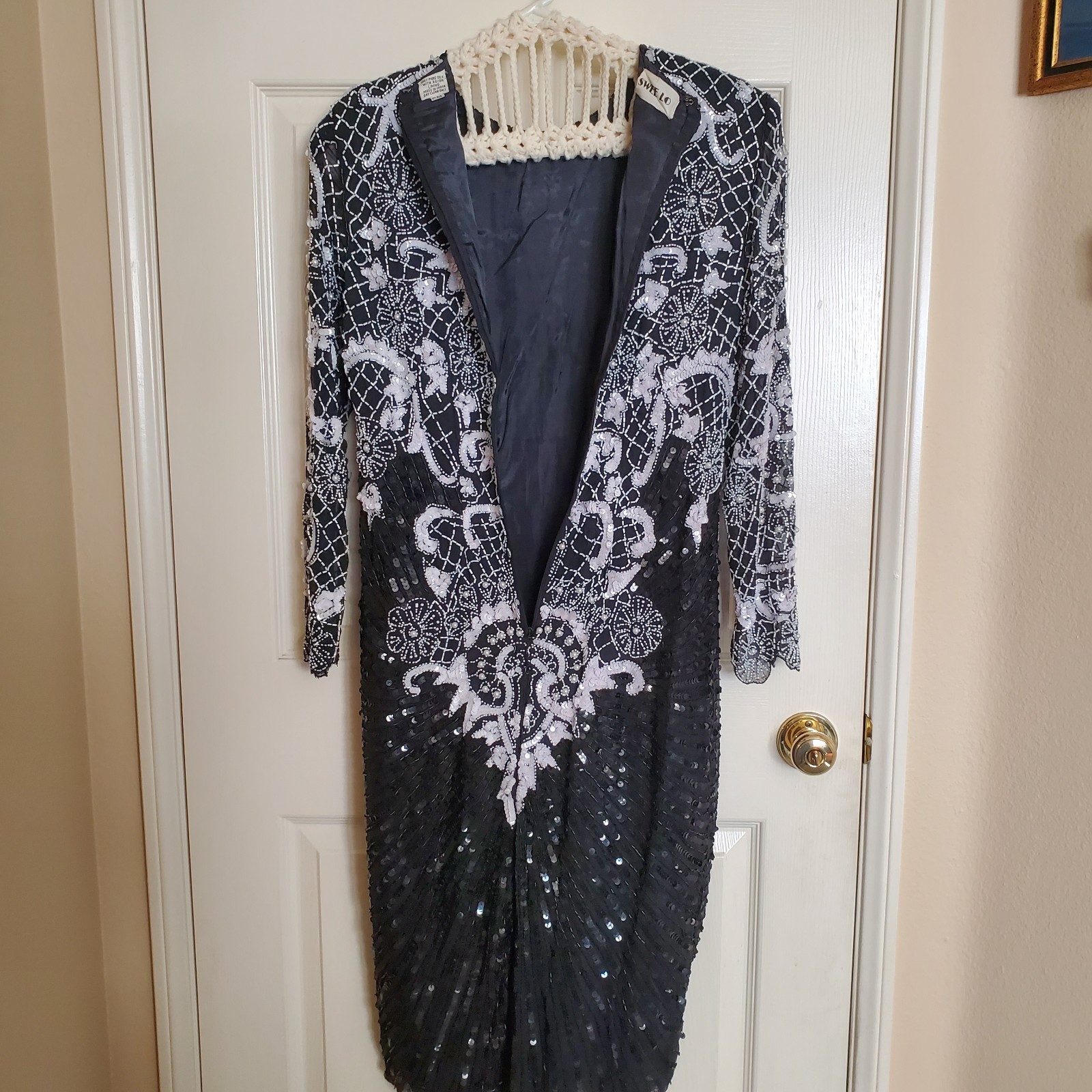 Vintage Swee Lo Silk Beaded Sequins Black/White Cocktail Evening Dress PM As Is