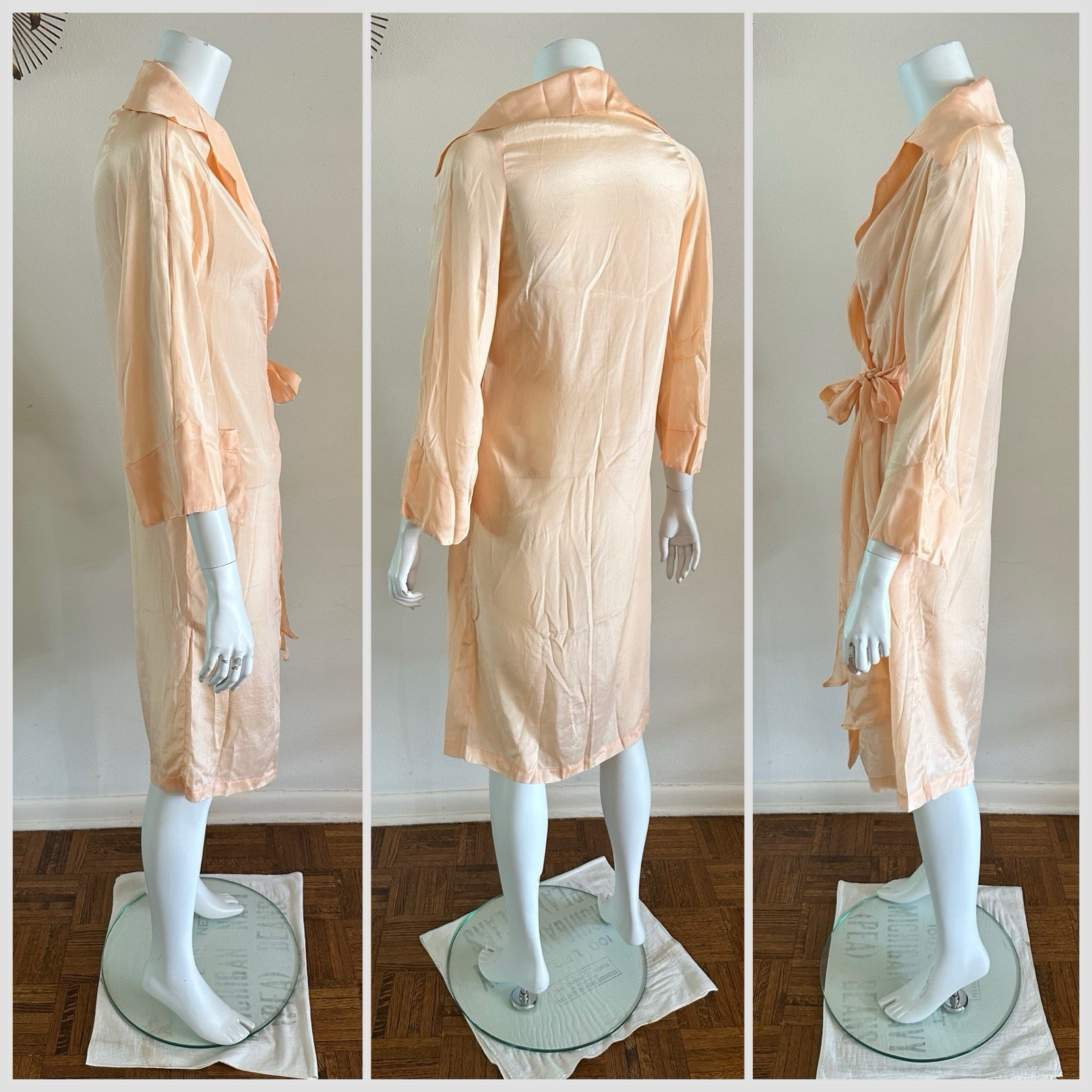 1930s 40s Peach Rayon Satin Robe Art Deco Wrap Boudoir Dressing Gown S Vintage