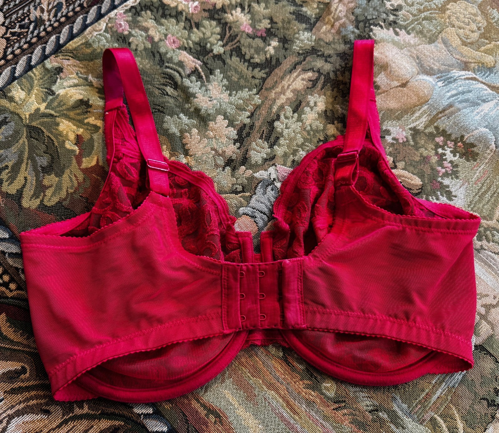 VINTAGE WACOAL 85199 ~ RED ARABESQUE SEMI SHEER FULL FIGURE UNDERWIRE BRA 36DDD