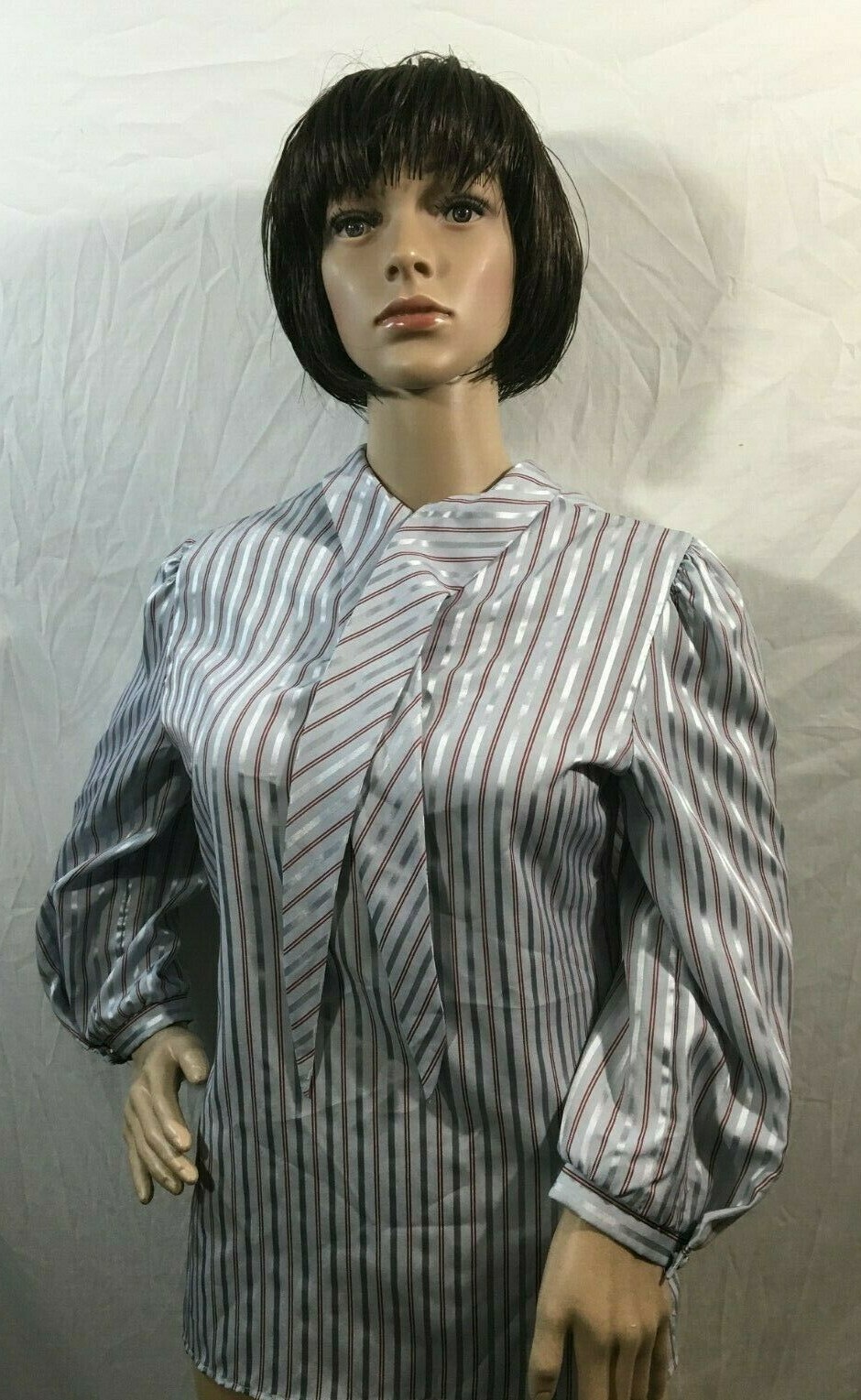 Vintage 80s Long Sleeve Blouse Grey with Silver & Maroon stripes and tie front 