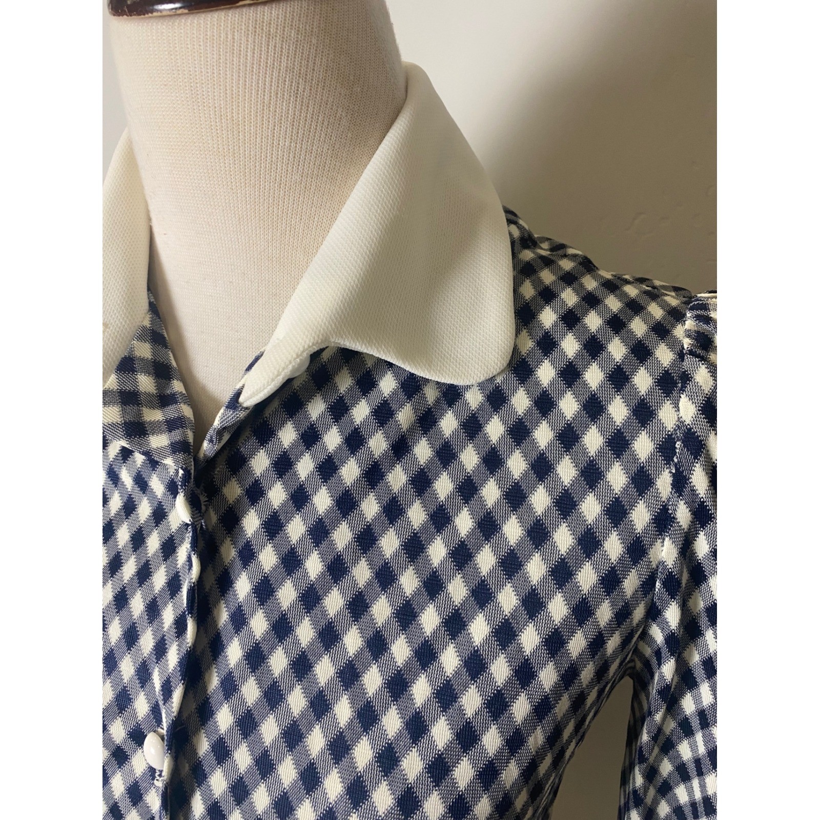 Vintage 40&rsquo;s/50&rsquo;s Navy White Gingham Plaid Collar Peplum Top long sleeve