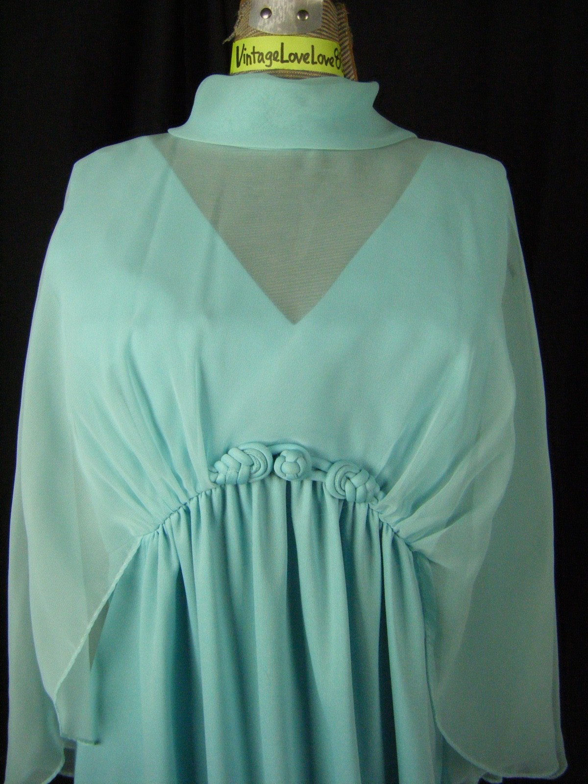 Vtg 60-70s Aqua Blue Sheer Cape Mod Knit Dress-Bust 37/XS-S