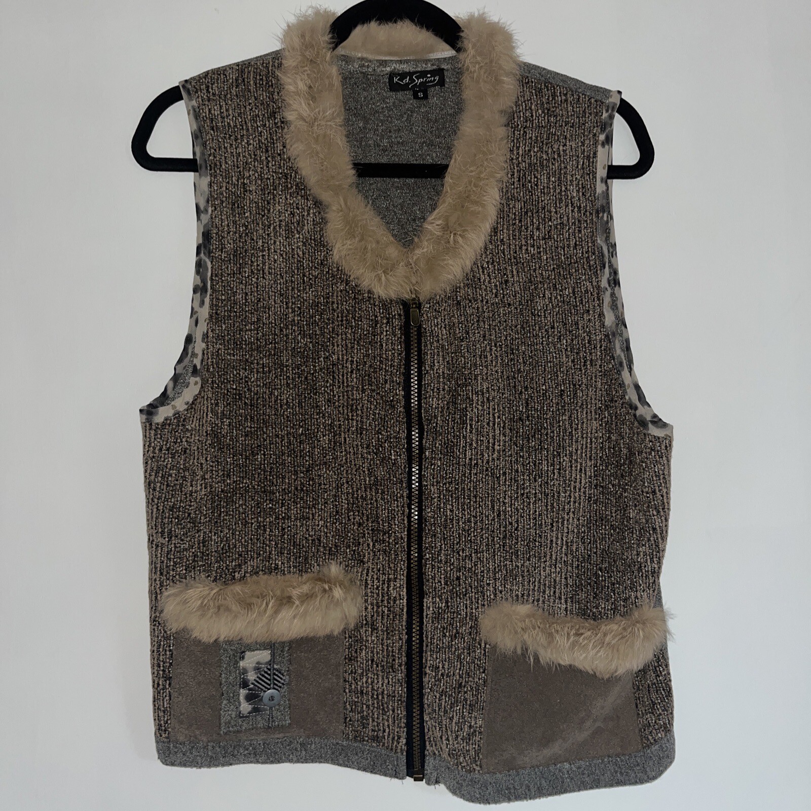 K.D. Spring Womens Zippered Sweater Vest Size Small Light Brown Faux Leopard Fur