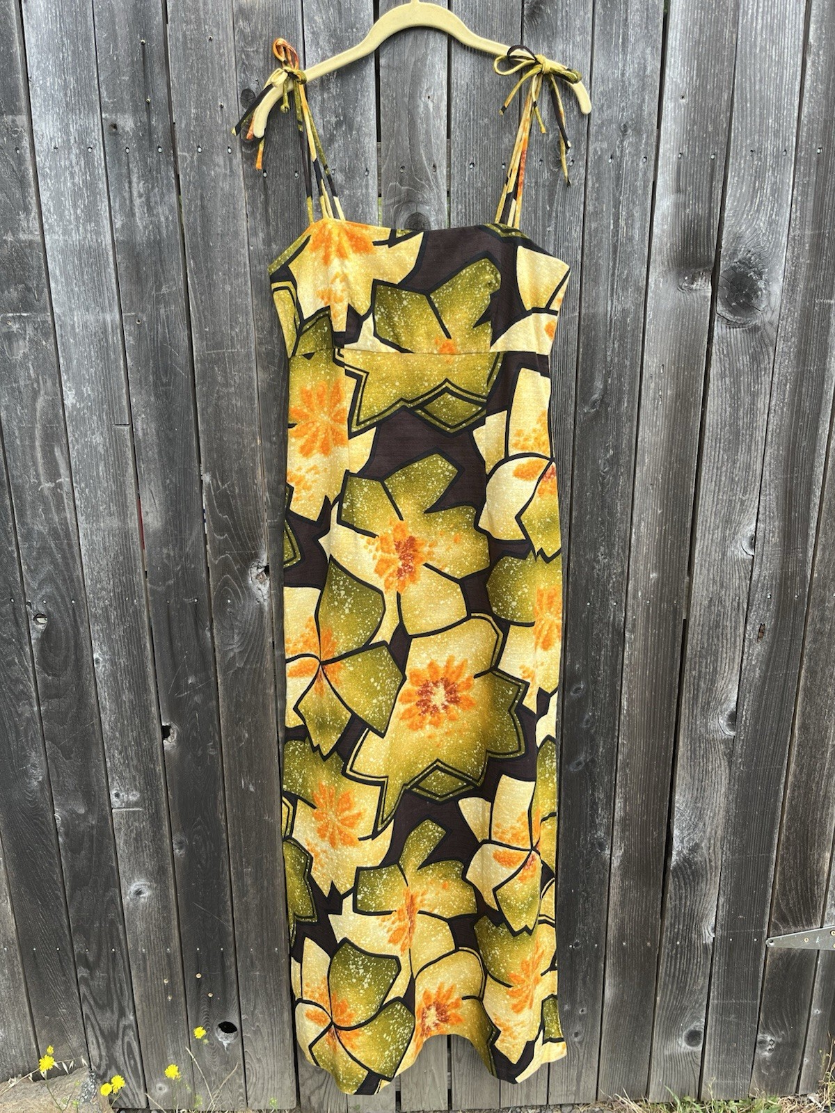 VTG 60s 70s Hawaiian Barkcloth Maxi Dress floral yellow Shoulder tie Sleeveless