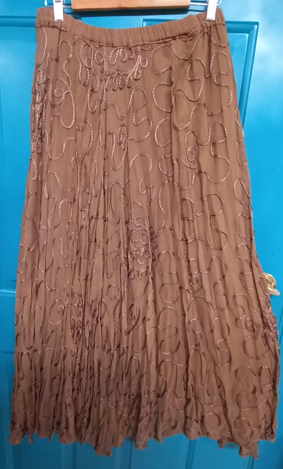 Vintage Brown Chiffon Skirt With Stitched Soutache Copper Patterned…