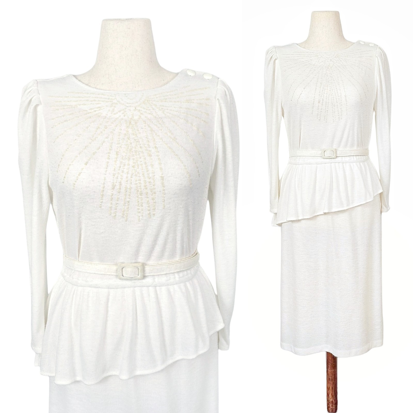 1980s Vintage Dress Belt Set 80s Peplum Midi White M/L Medium Large Long Sleeves