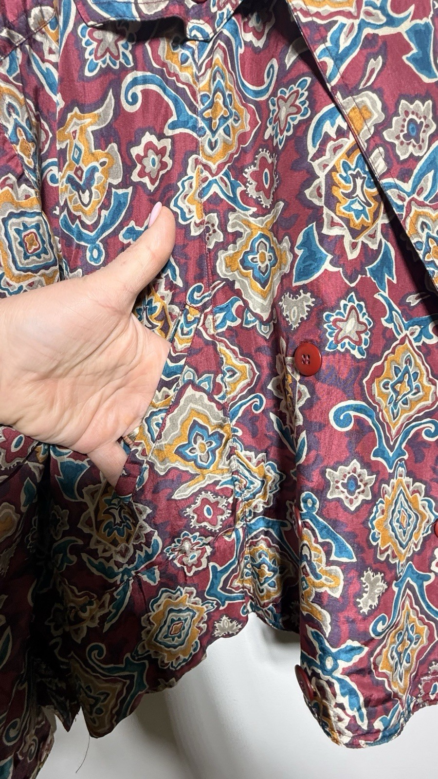 VTG Jacqueline Ferrar 100% Silk Jacket Womens 16 Red Paisley Boho Art To Wear