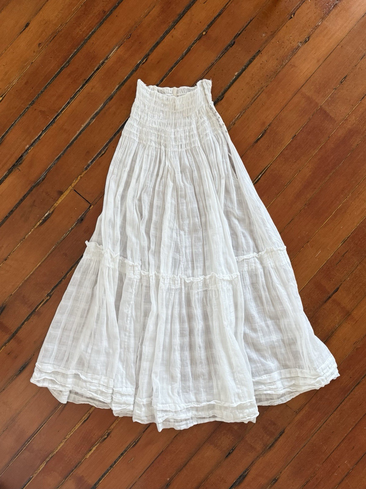 Antique Edwardian Sheer Windowpane Cotton Voile Skirt w Boned/Corseted Waist