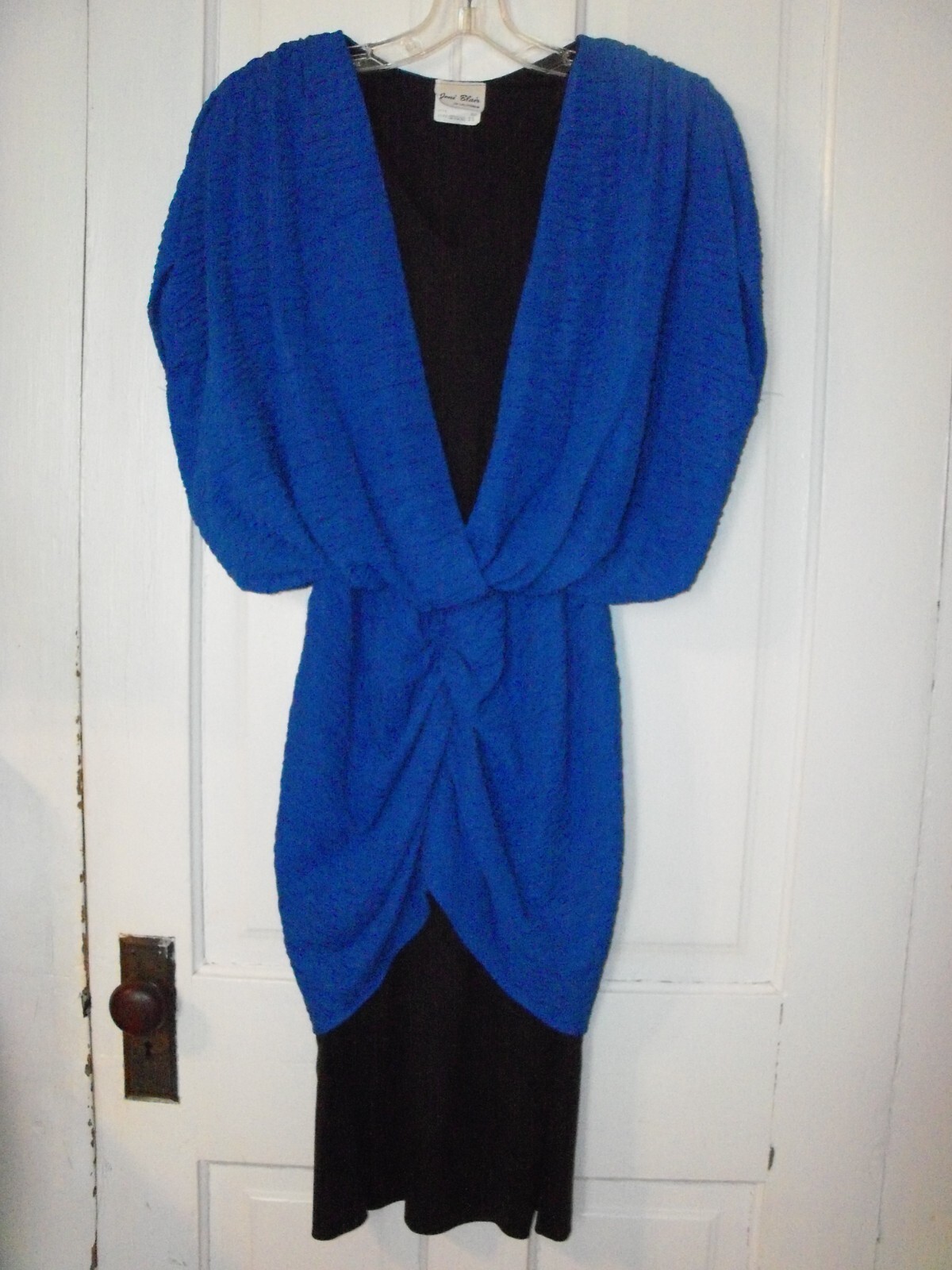 Size 13 Joni Blair Vintage 80s Blue and Black Dress with Shoulder Pads