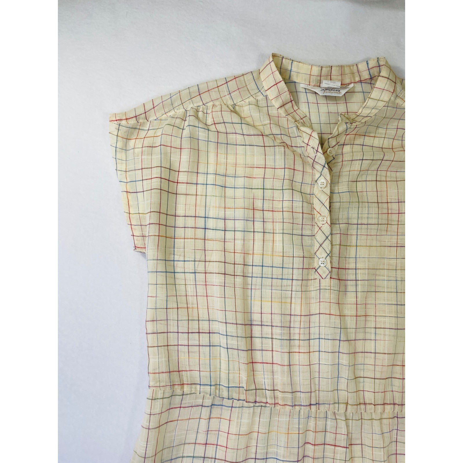 Vintage JCPenney Fashions Plaid Dress Cream Multi Color Cap Sleeve Size 15/16