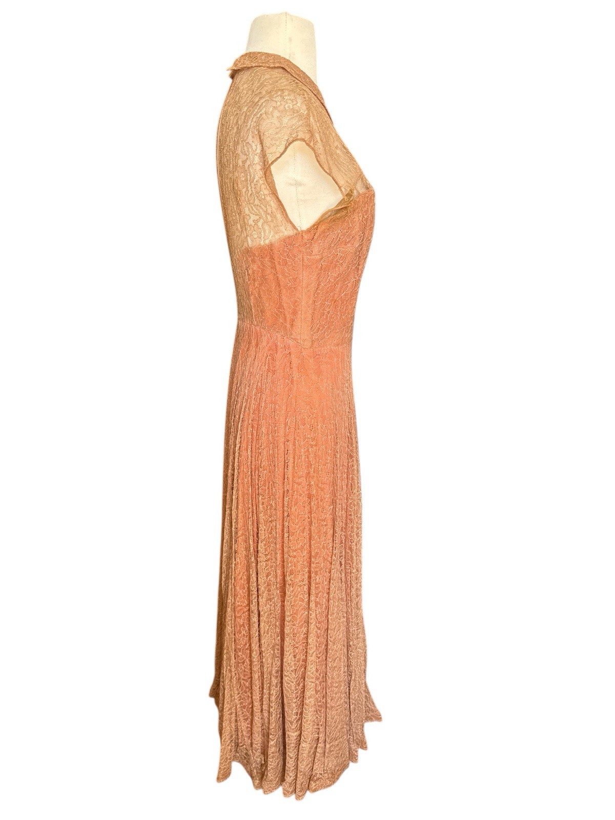 Vintage 40’s Ceil Chapman Lace Gown Peach Brown Copper 24” Waist Midi Sz 4