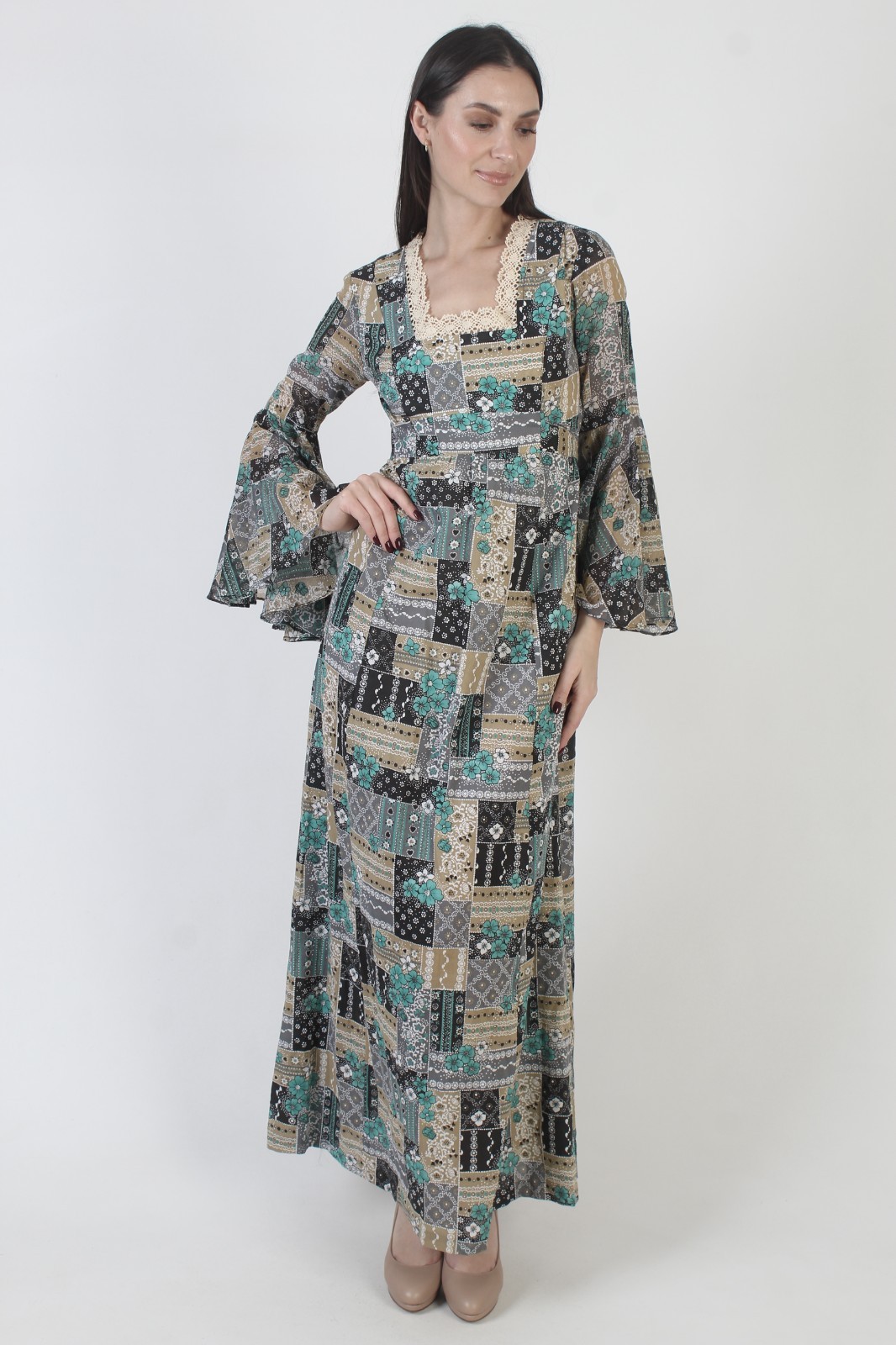Vtg 70s Patchwork Dress Kimono Angel Sleeves Boho Wedding Prairie Cottage Maxi