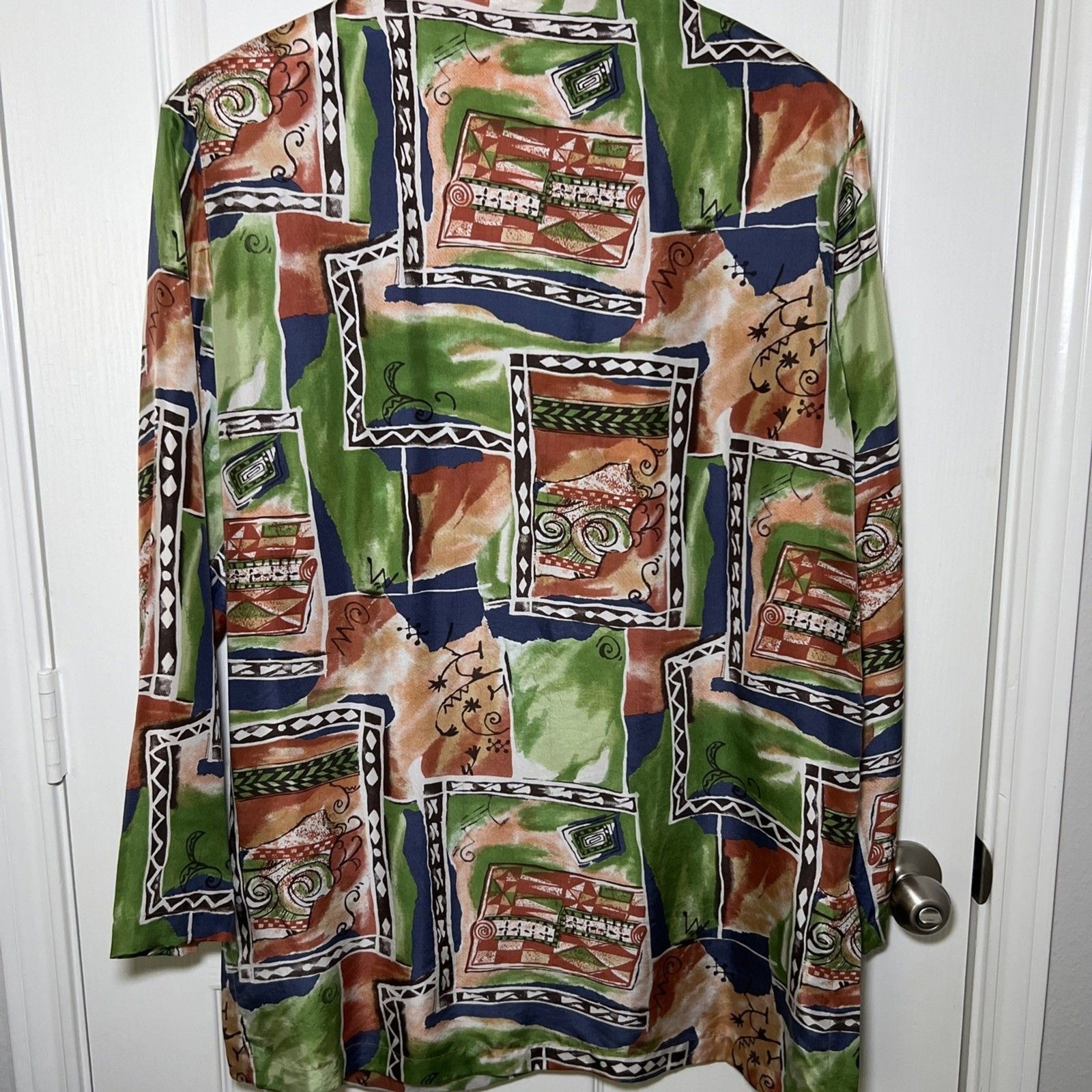 Vintage 80s Silk Button Up Blouse Tunic Large Multicolor Art to Wear Silks