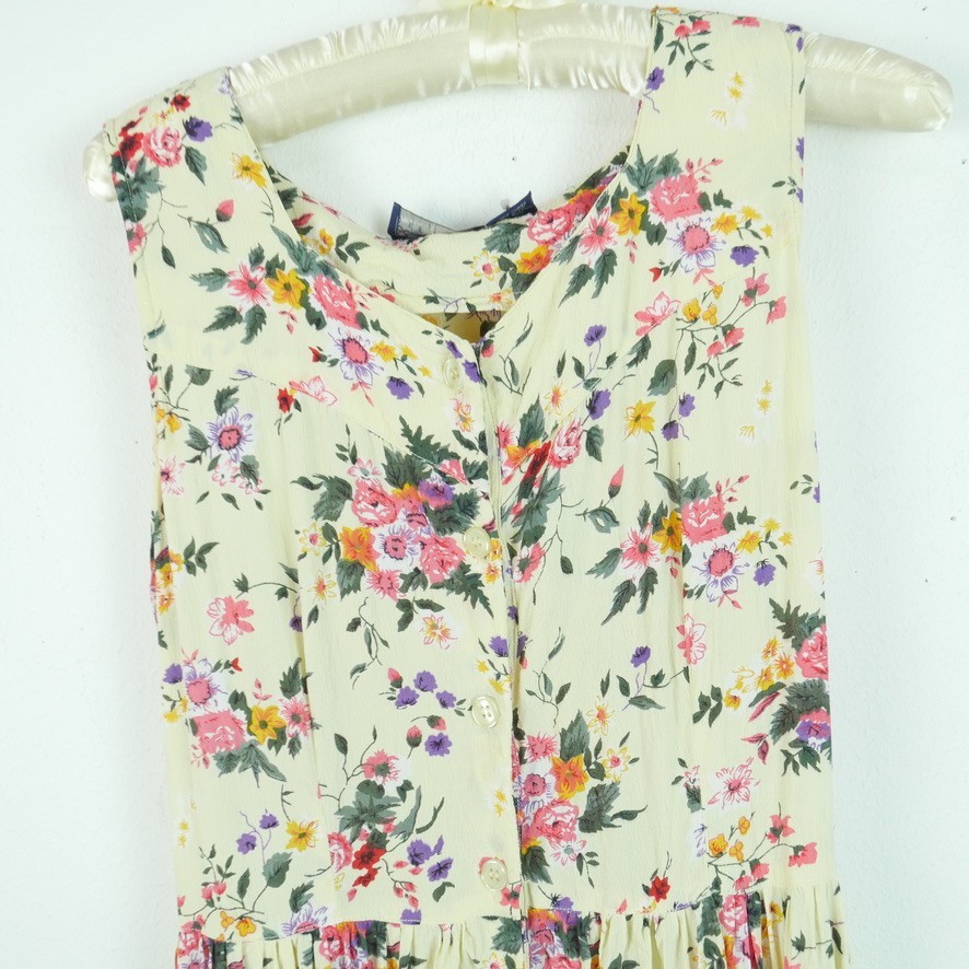 Vintage 90s Maxi Dress Butter Yellow Dainty Floral Cottagecore Tie Waist Medium