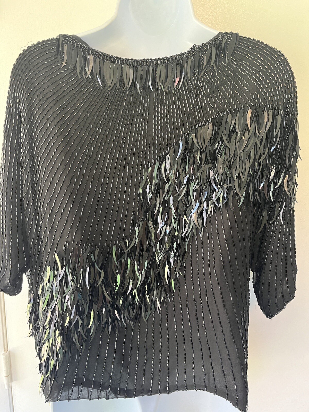 Silk Sequin Vintage Oleg Cassini Beaded Top Black Tie Medium Formal Party